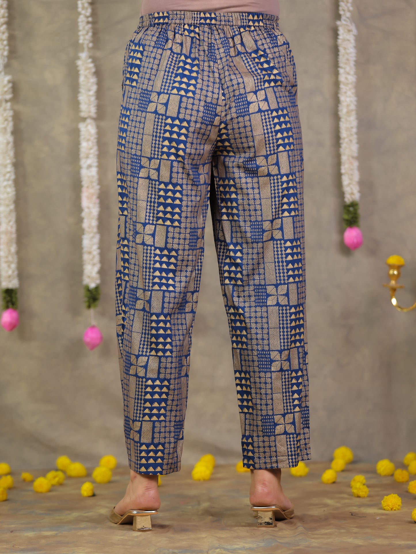 Viscose Gold foil Flared Blue Kurta