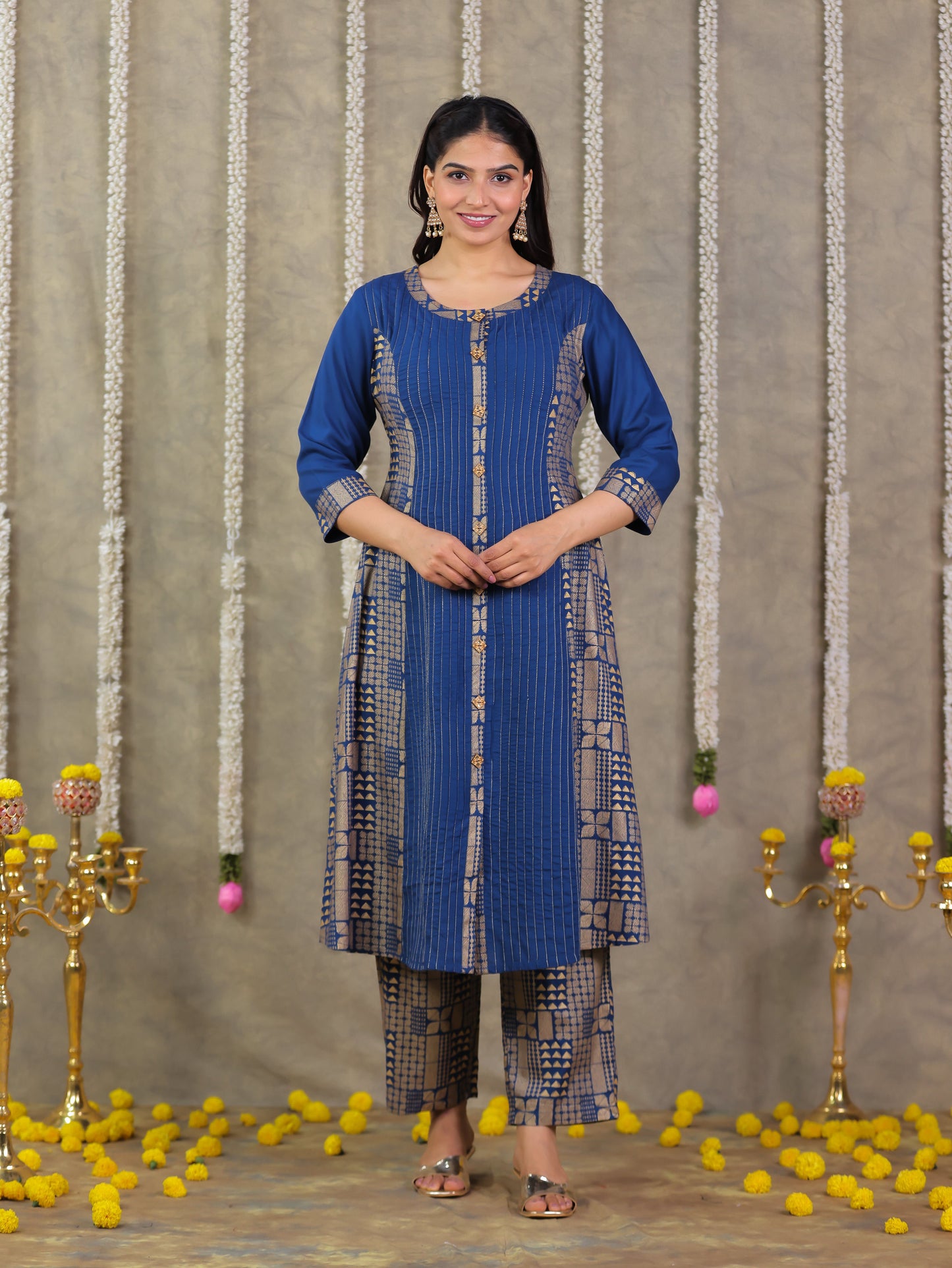 Viscose Gold foil Flared Blue Kurta