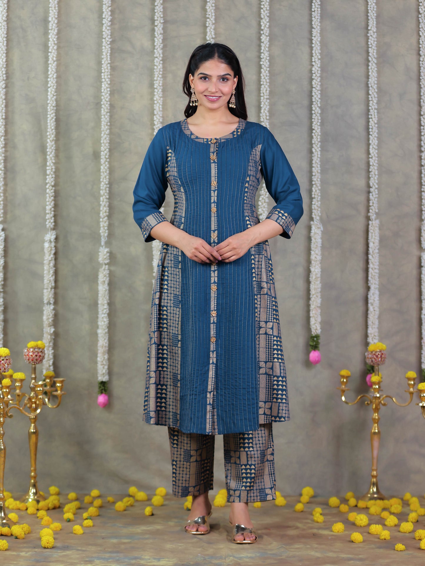 Viscose Gold foil Flared Blue Kurta