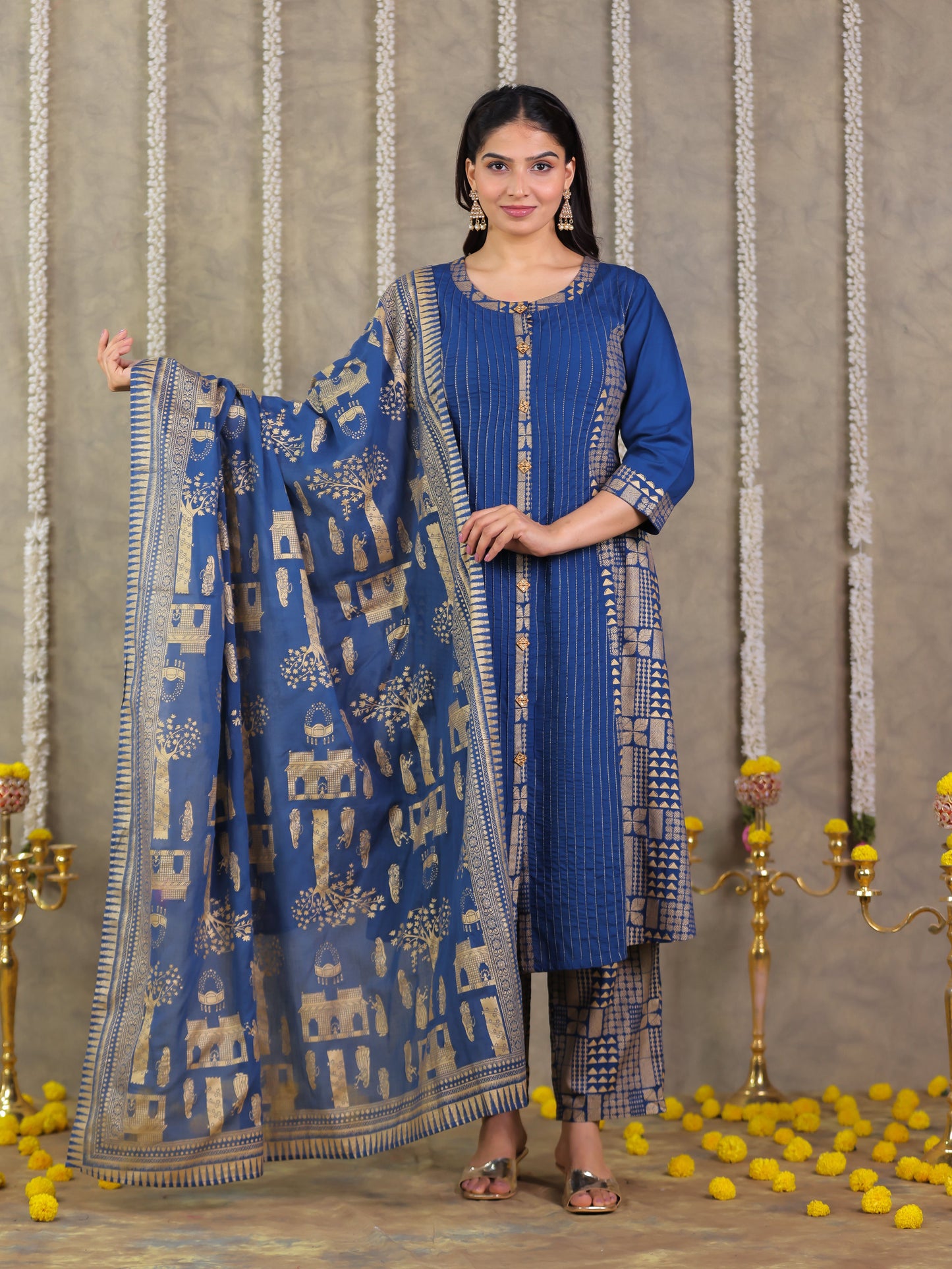 Viscose Gold foil Flared Blue Kurta