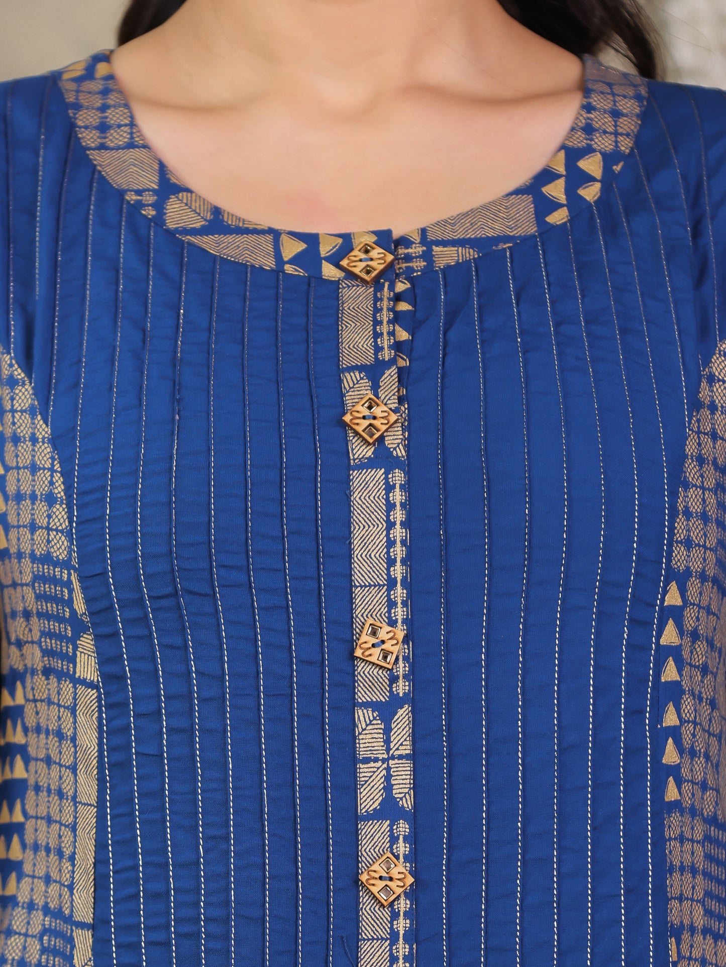 Viscose Gold foil Flared Blue Kurta