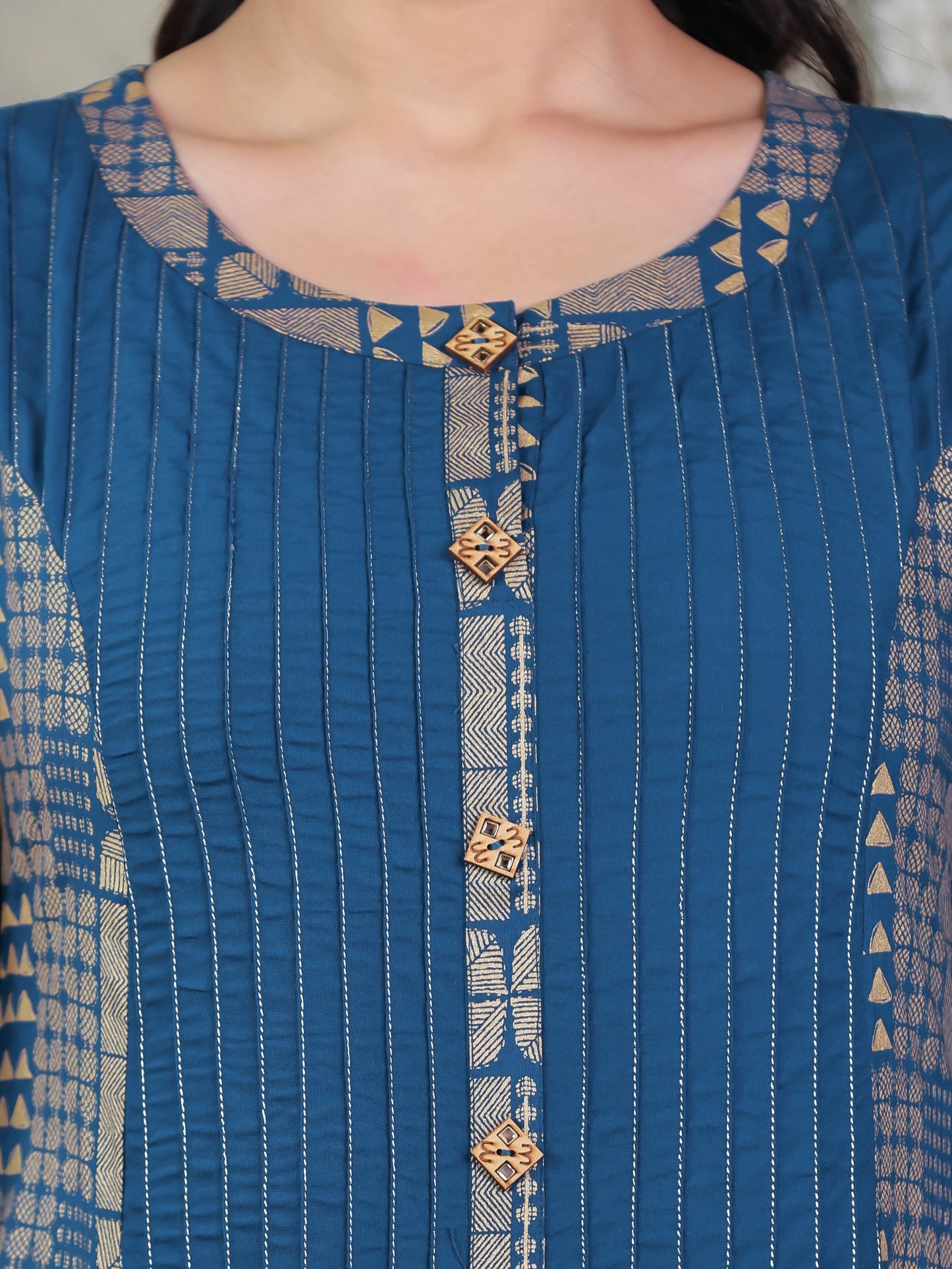Viscose Gold foil Flared Blue Kurta
