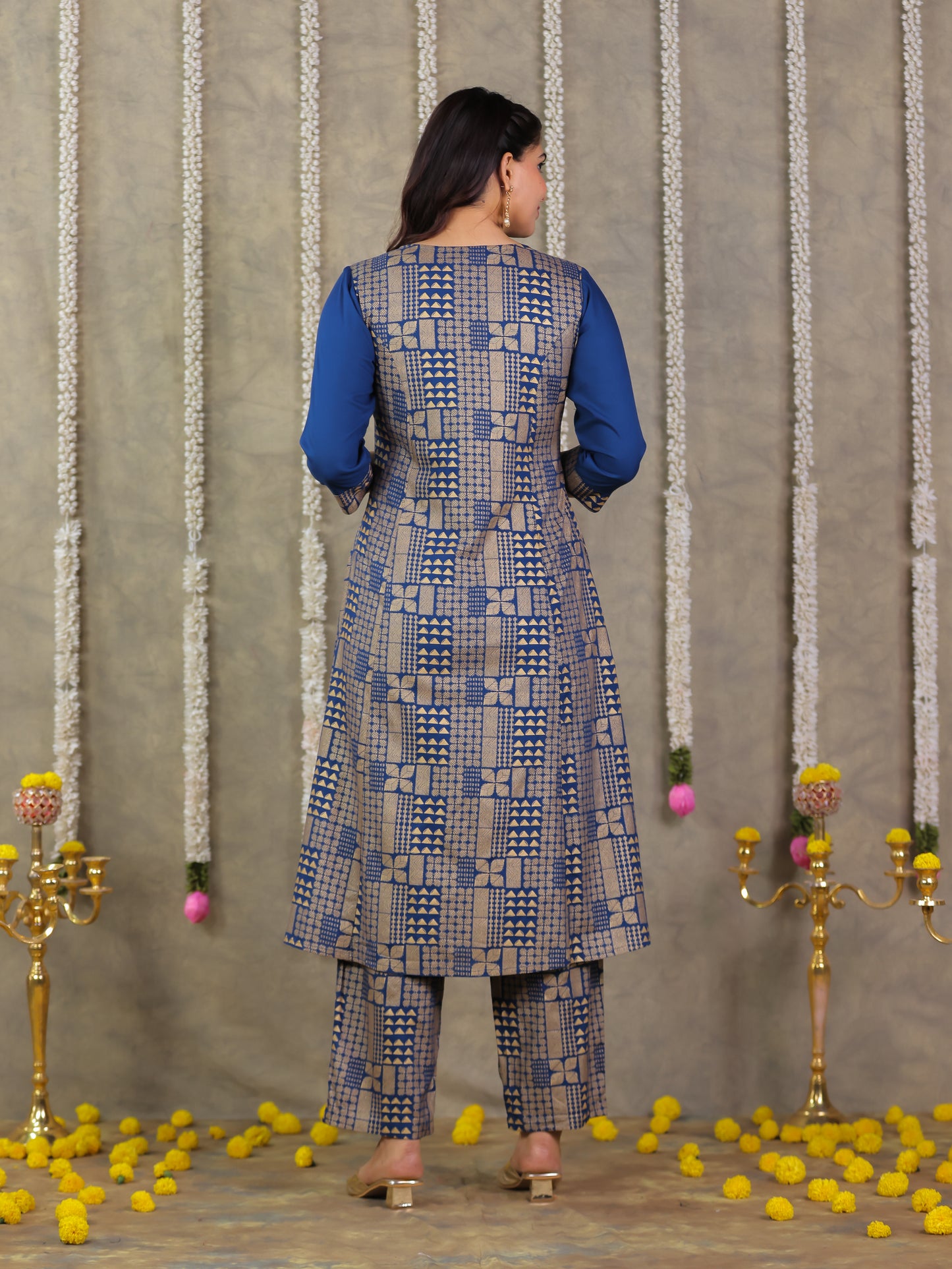 Viscose Gold foil Flared Blue Kurta