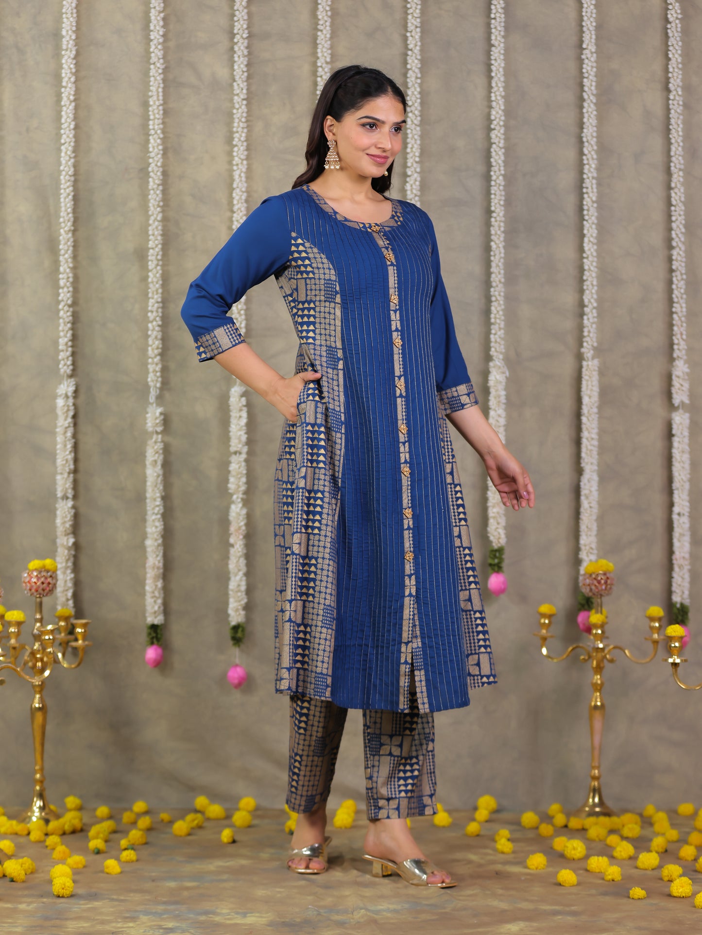 Viscose Gold foil Flared Blue Kurta