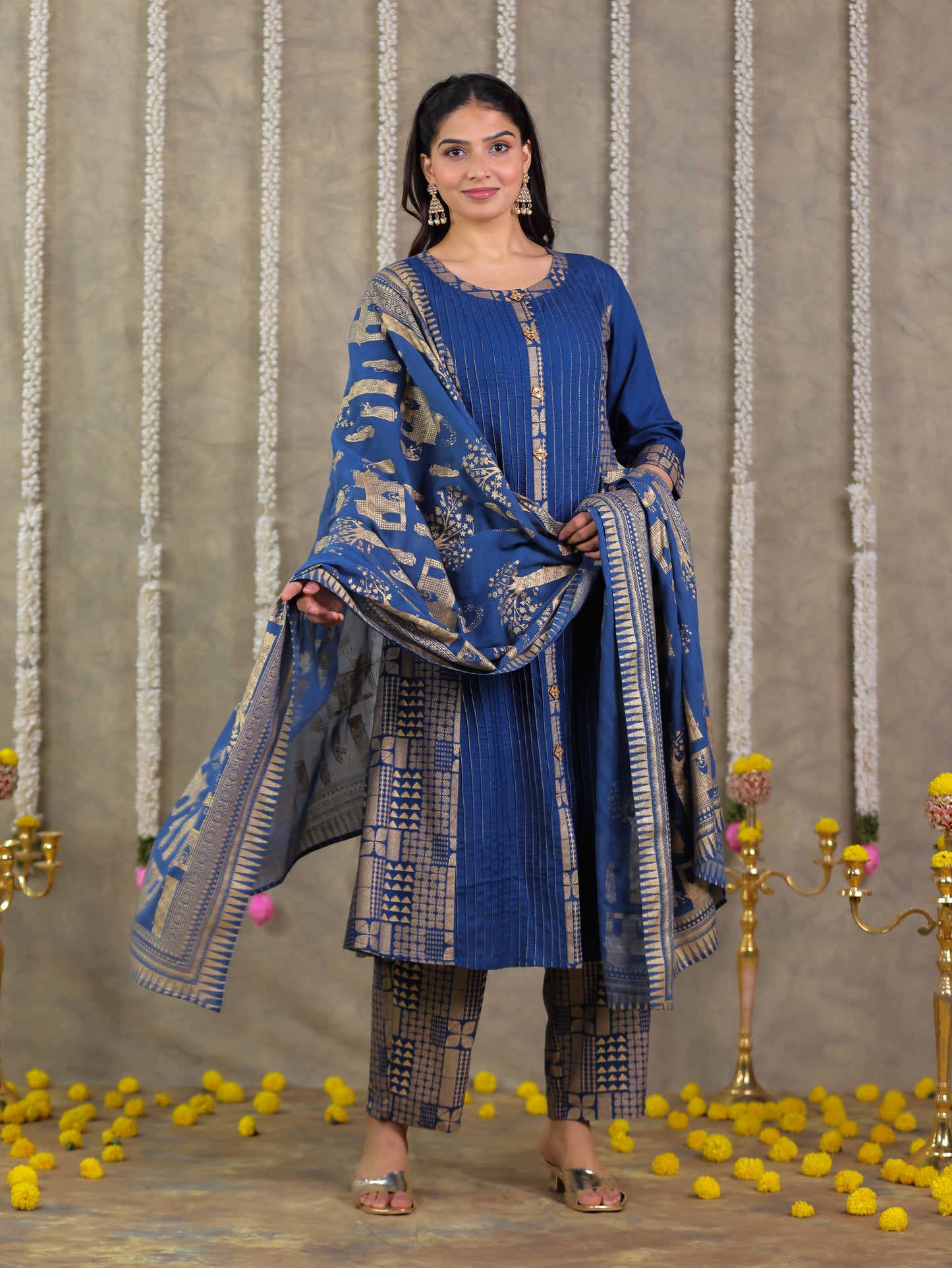 Viscose Gold foil Flared Blue Kurta