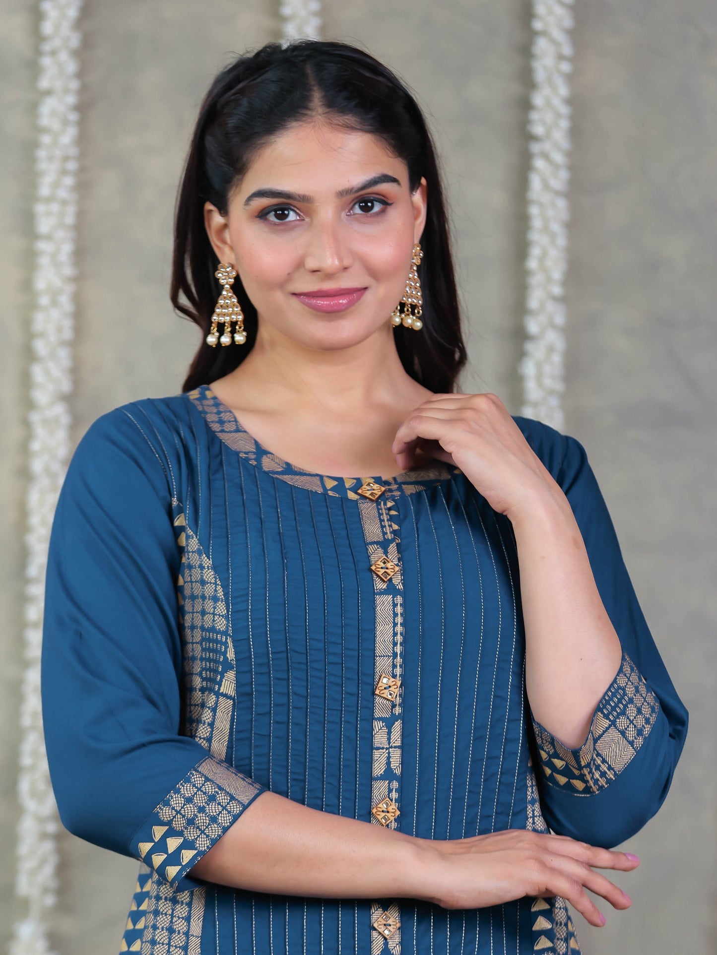 Viscose Gold foil Flared Blue Kurta