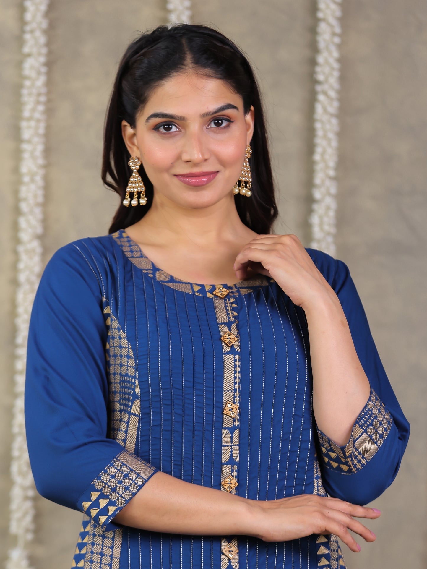 Viscose Gold foil Flared Blue Kurta
