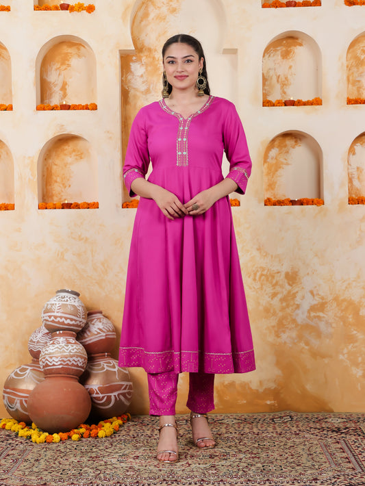 Viscose Solid Anarkali Pink Kurta