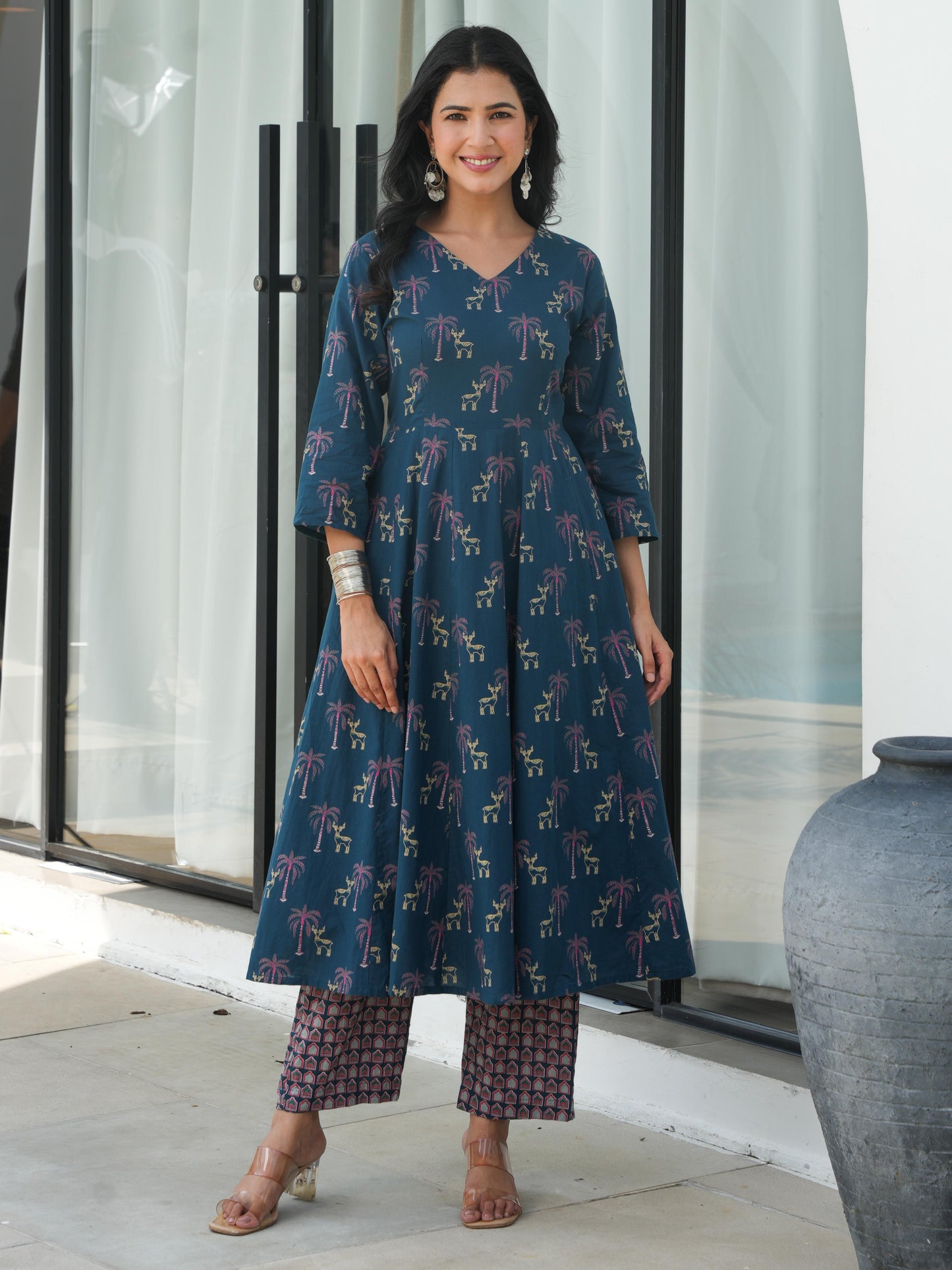 Soft Cotton Animal Angrakha Blue Kurta
