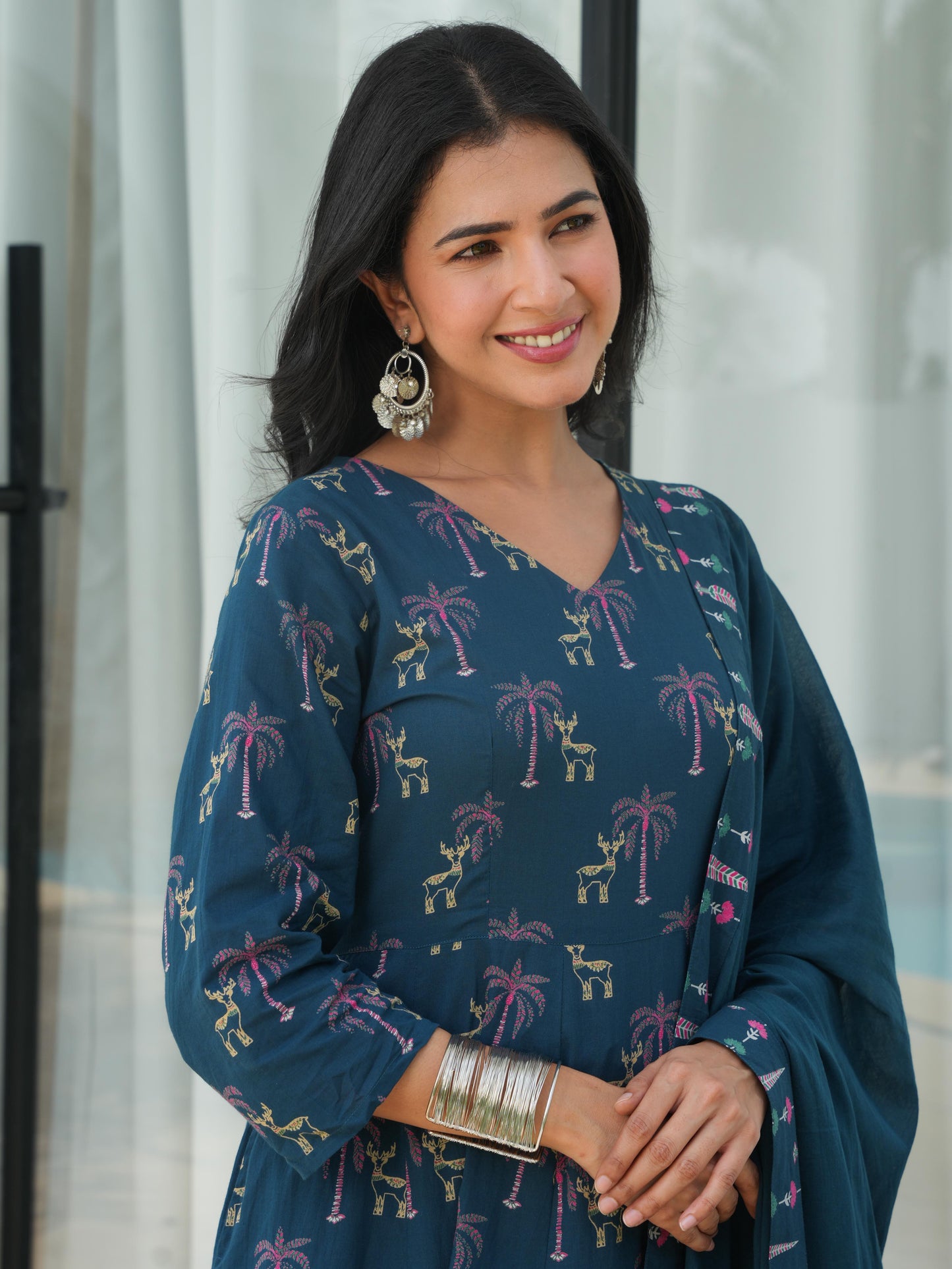 Soft Cotton Animal Angrakha Blue Kurta