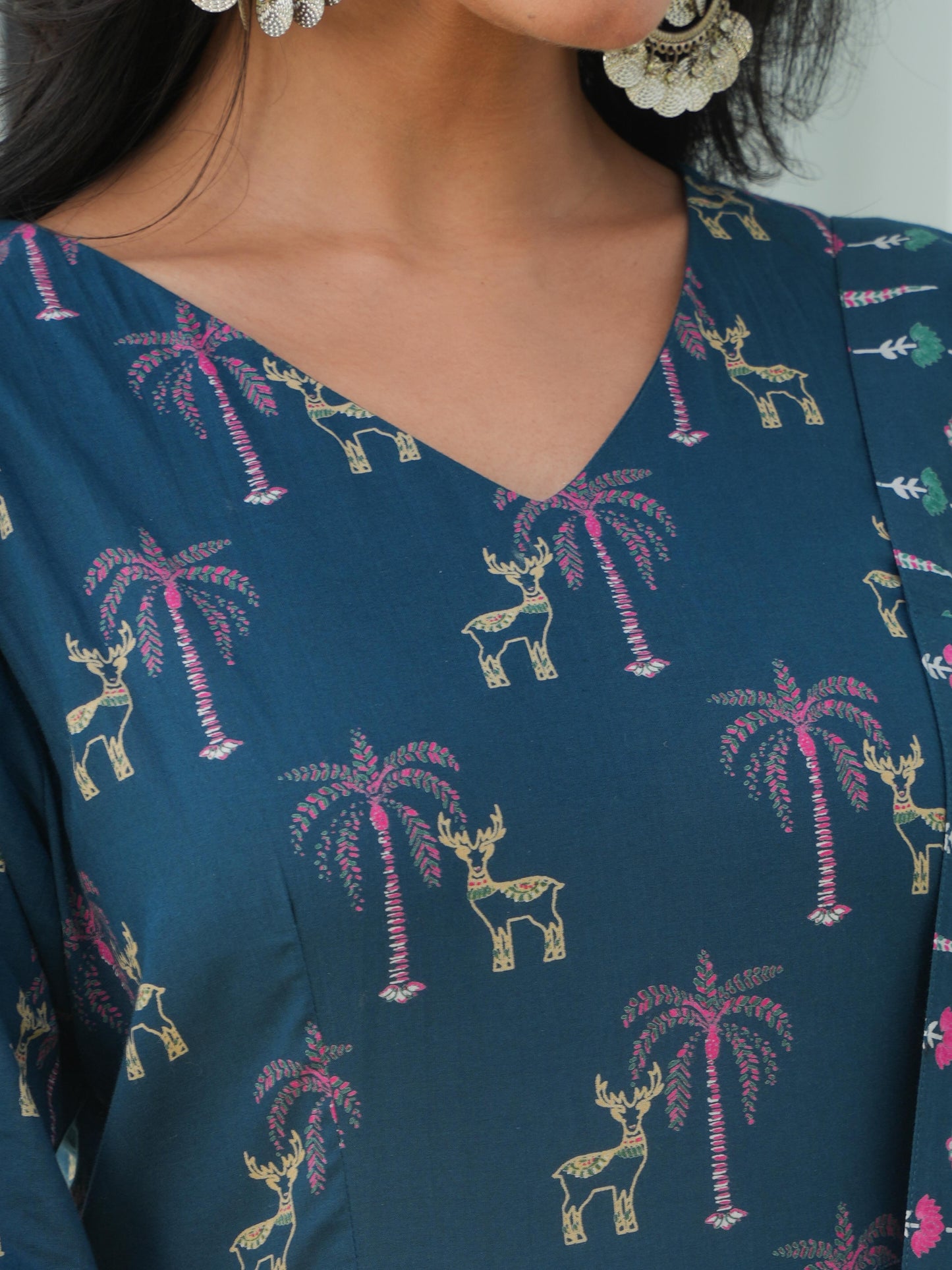 Soft Cotton Animal Angrakha Blue Kurta