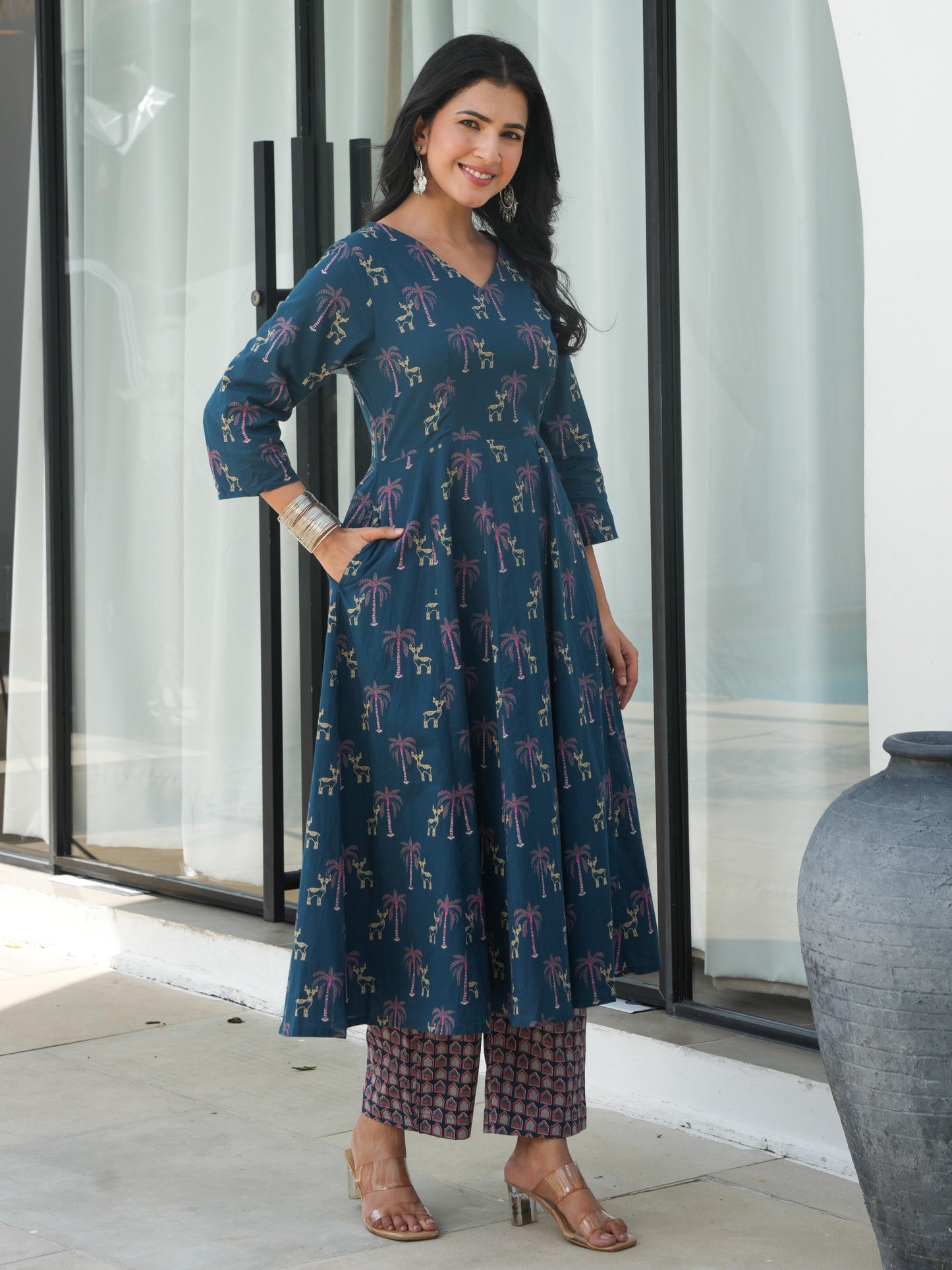 Soft Cotton Animal Angrakha Blue Kurta