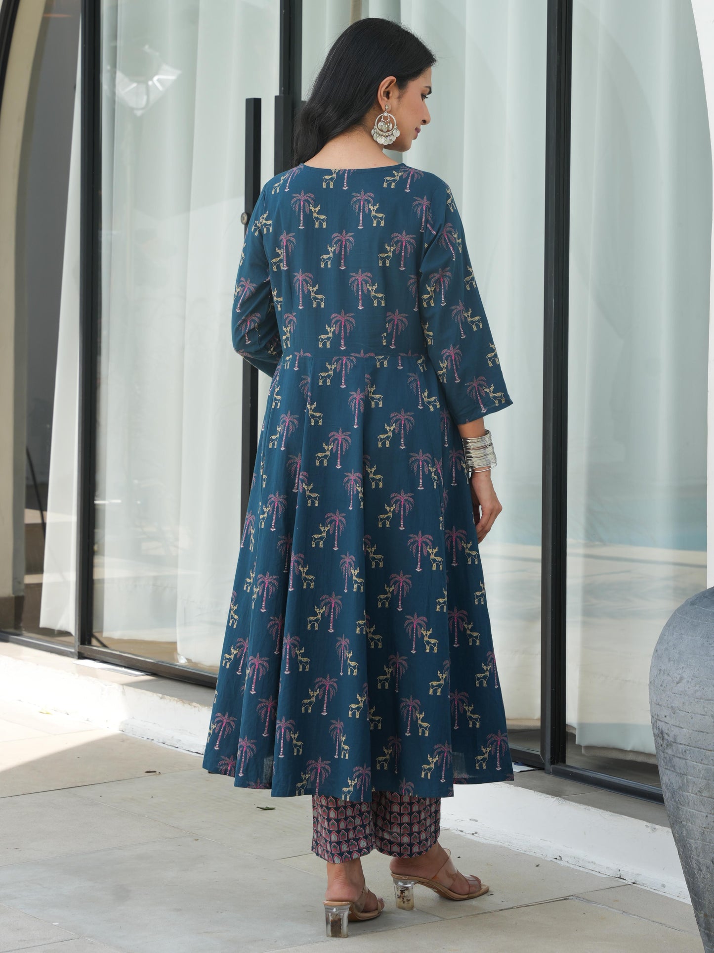Soft Cotton Animal Angrakha Blue Kurta