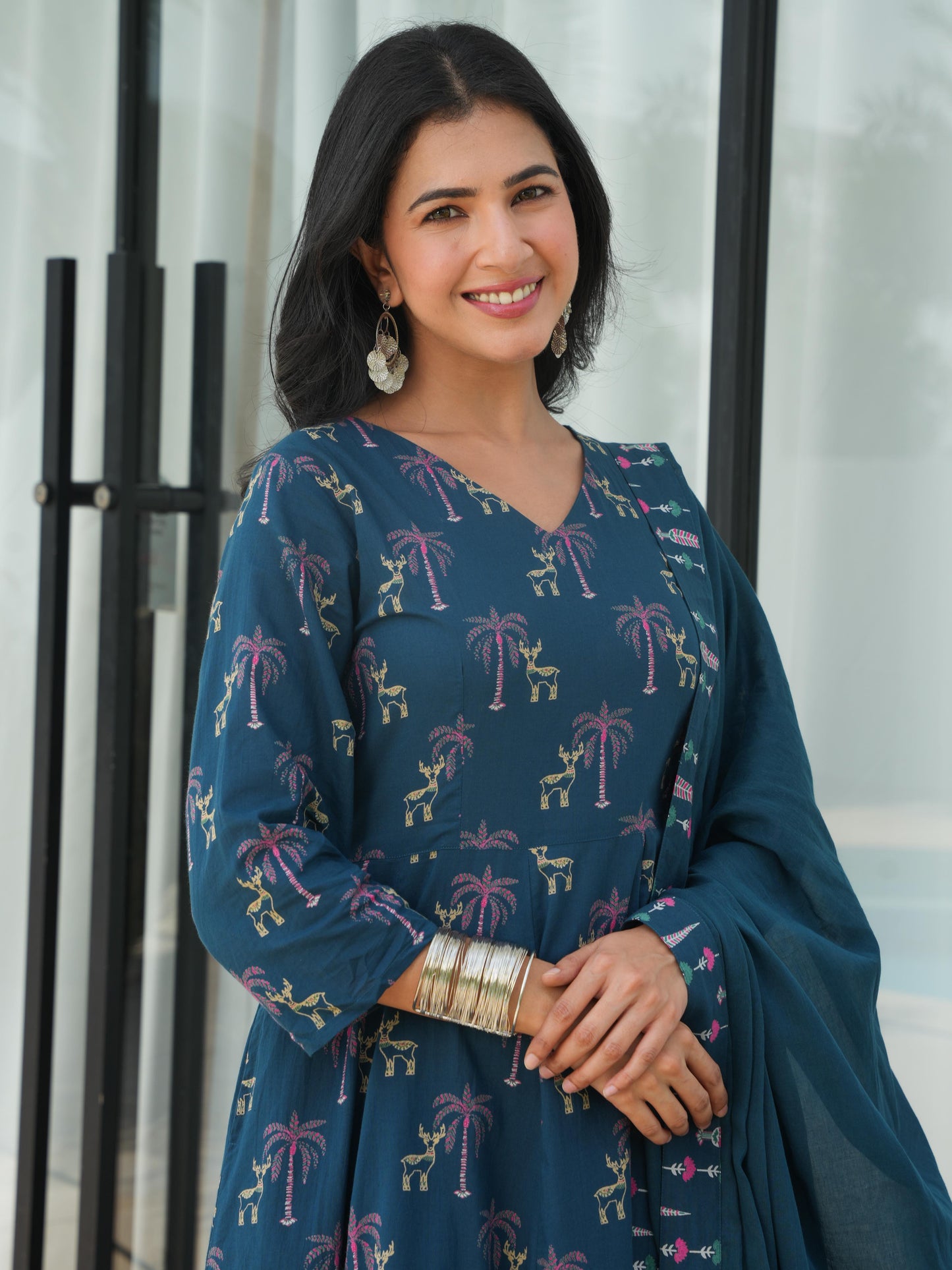 Soft Cotton Animal Angrakha Blue Kurta