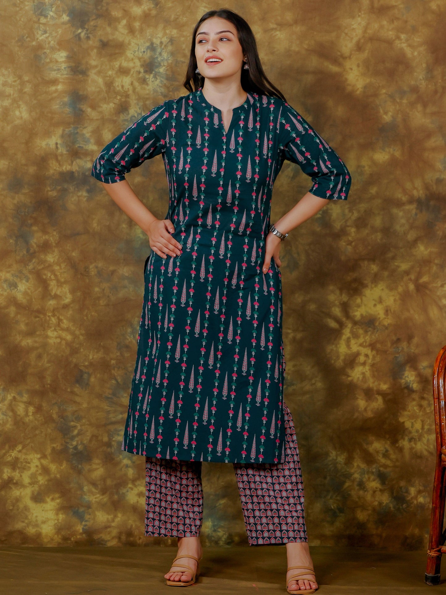 Soft Cotton Geometric Straight Blue Kurta