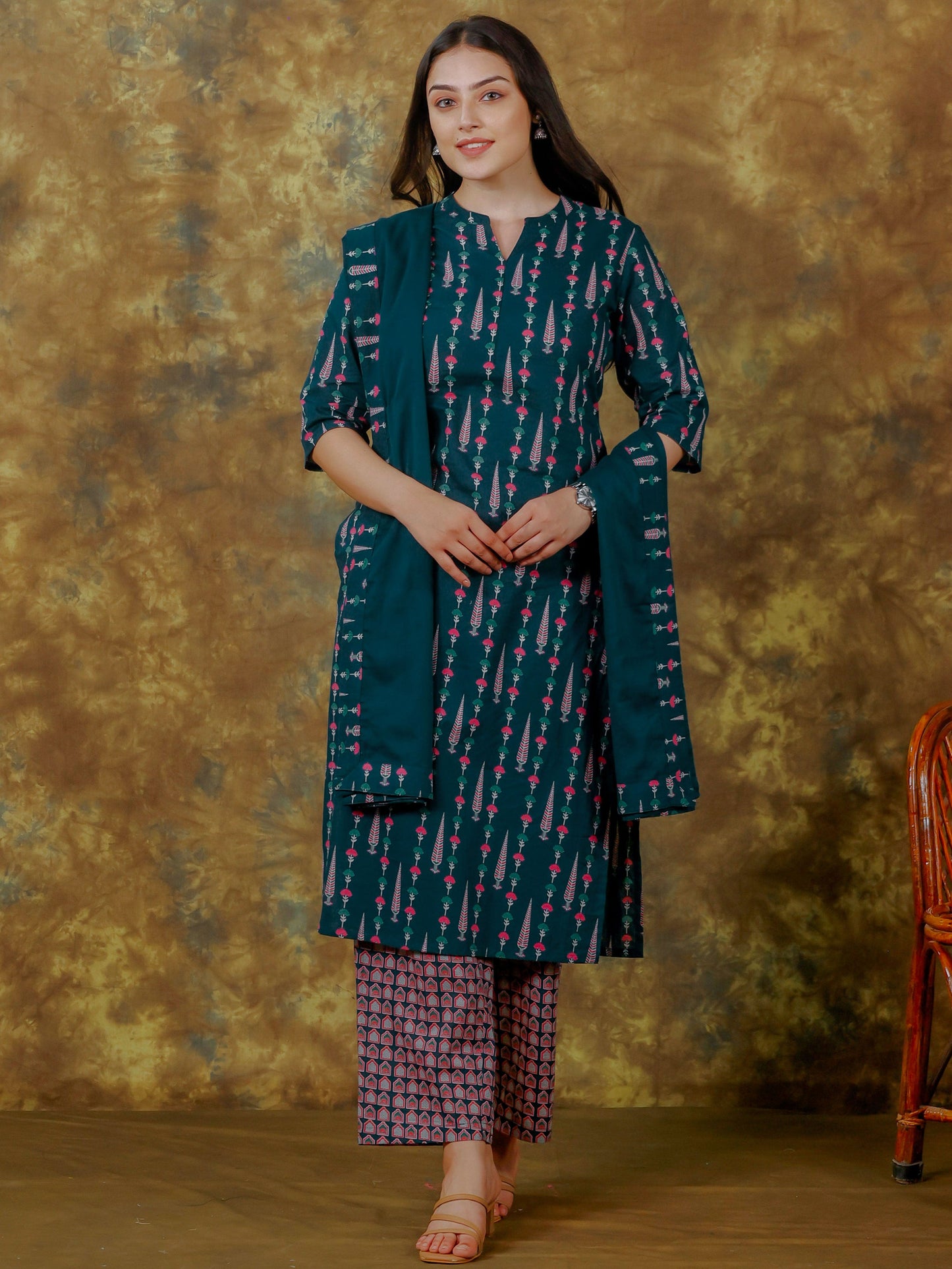 Soft Cotton Geometric Straight Blue Kurta