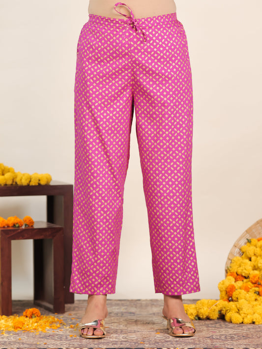 Viscose Gold foil Pink Straight Straight Trousers