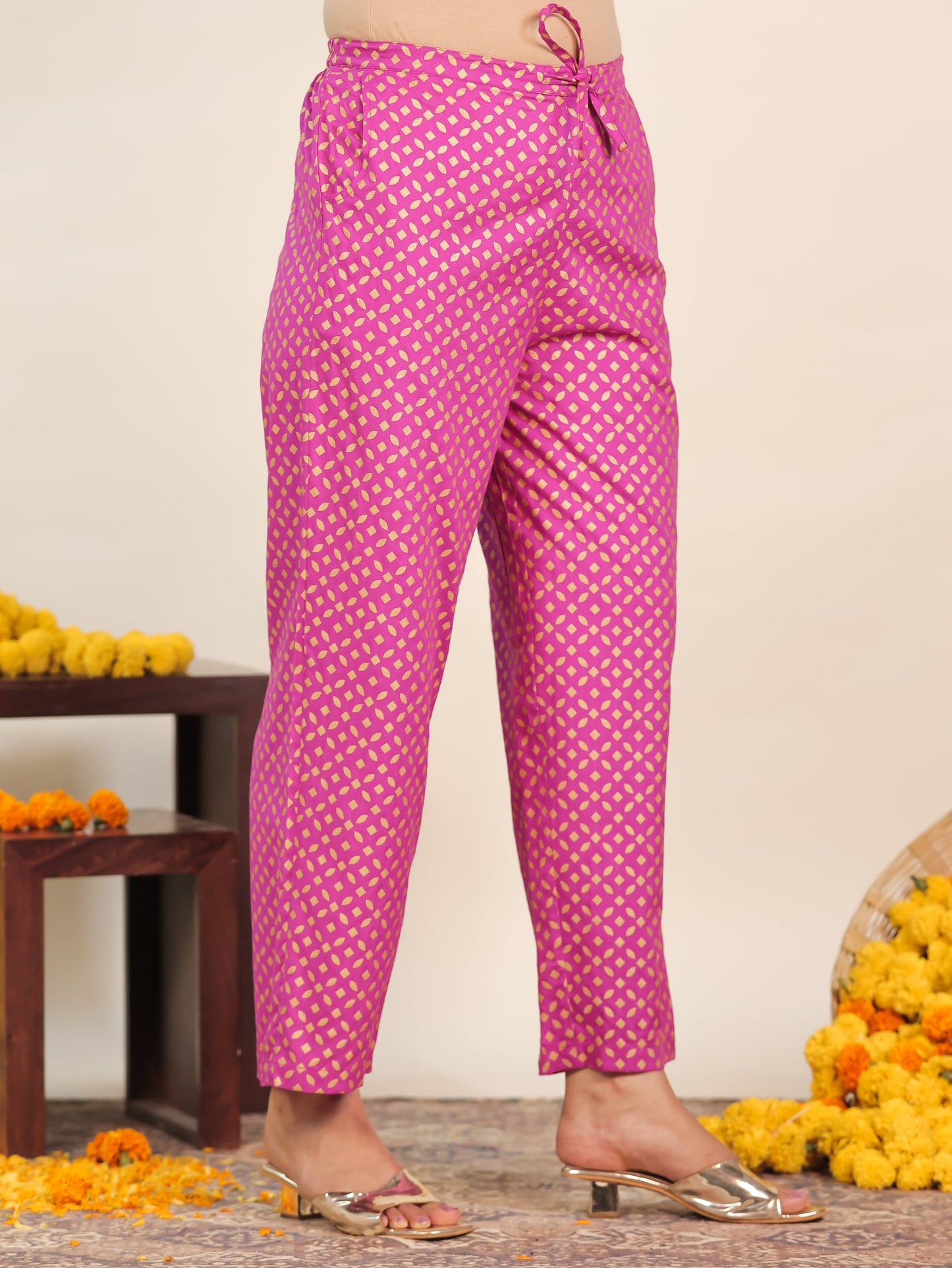 Viscose Gold foil Pink Straight Straight Trousers