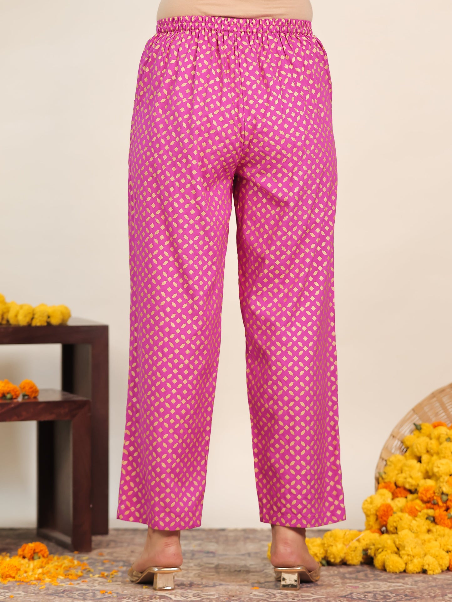 Viscose Gold foil Pink Straight Straight Trousers