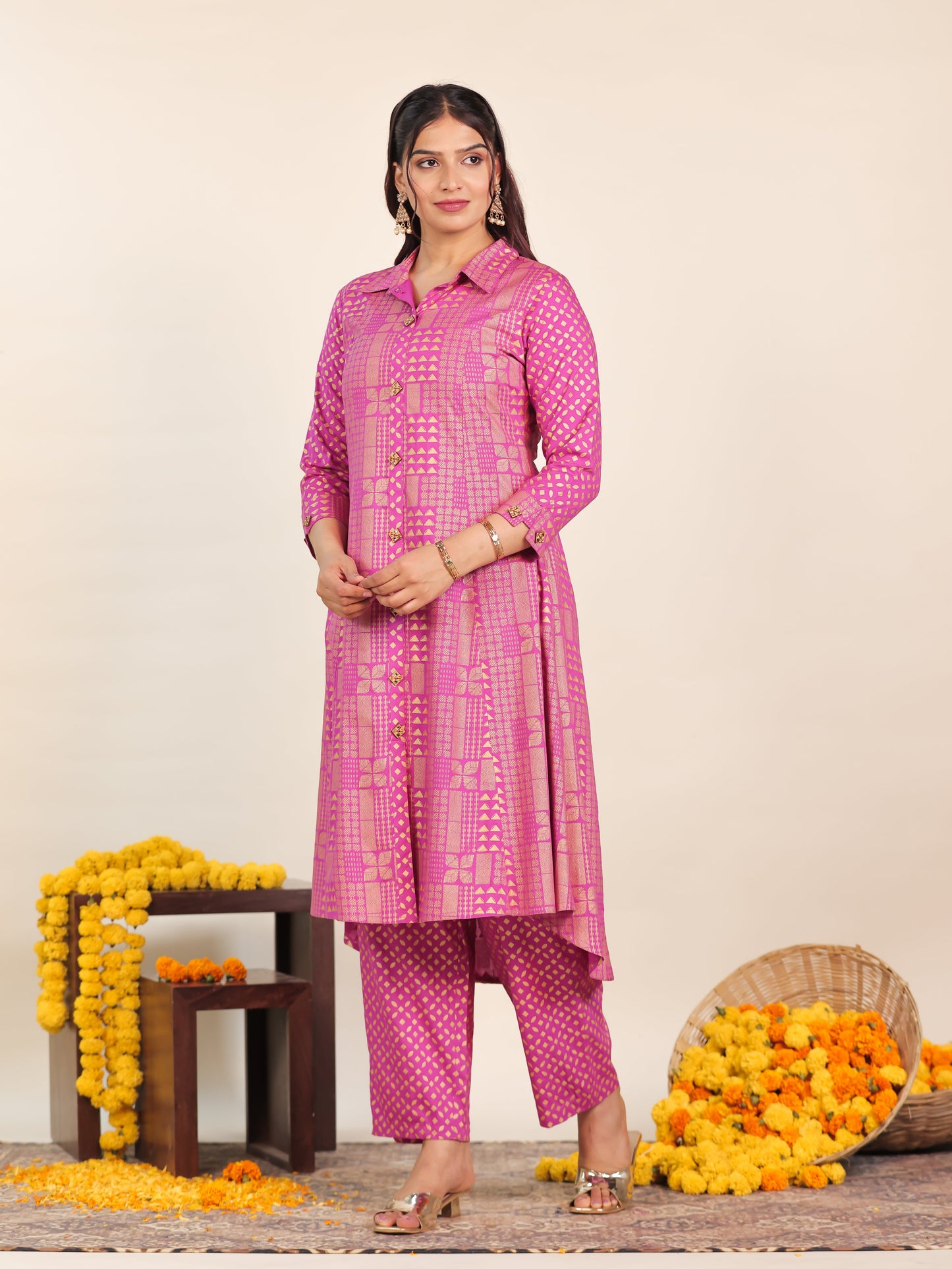 Viscose Gold foil High Low Pink Kurta
