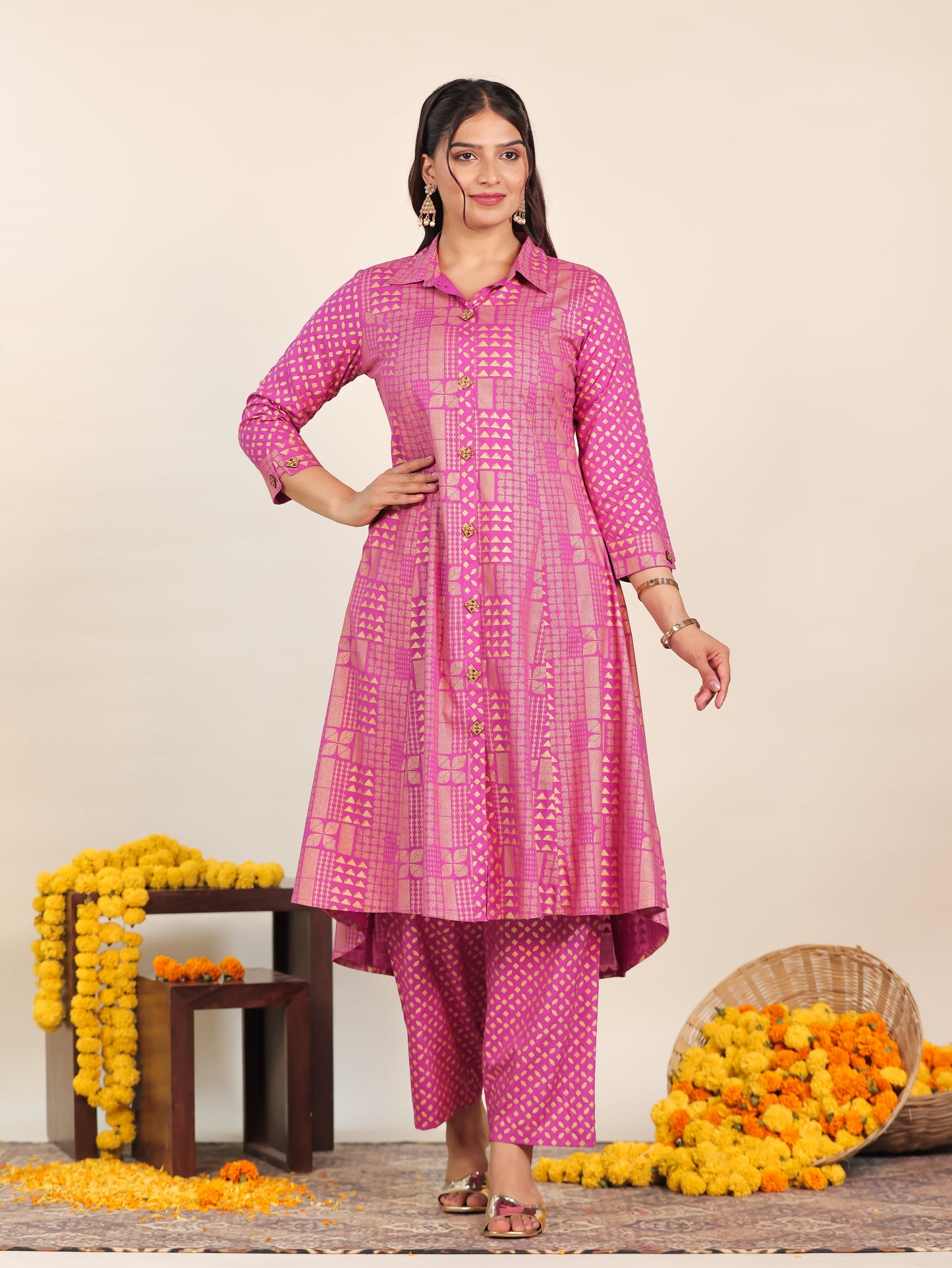 Viscose Gold foil High Low Pink Kurta