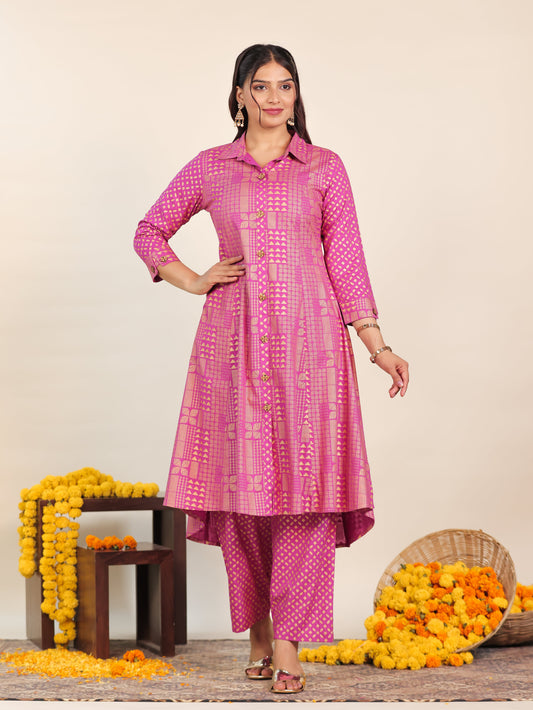 Viscose Gold foil High Low Pink Kurta