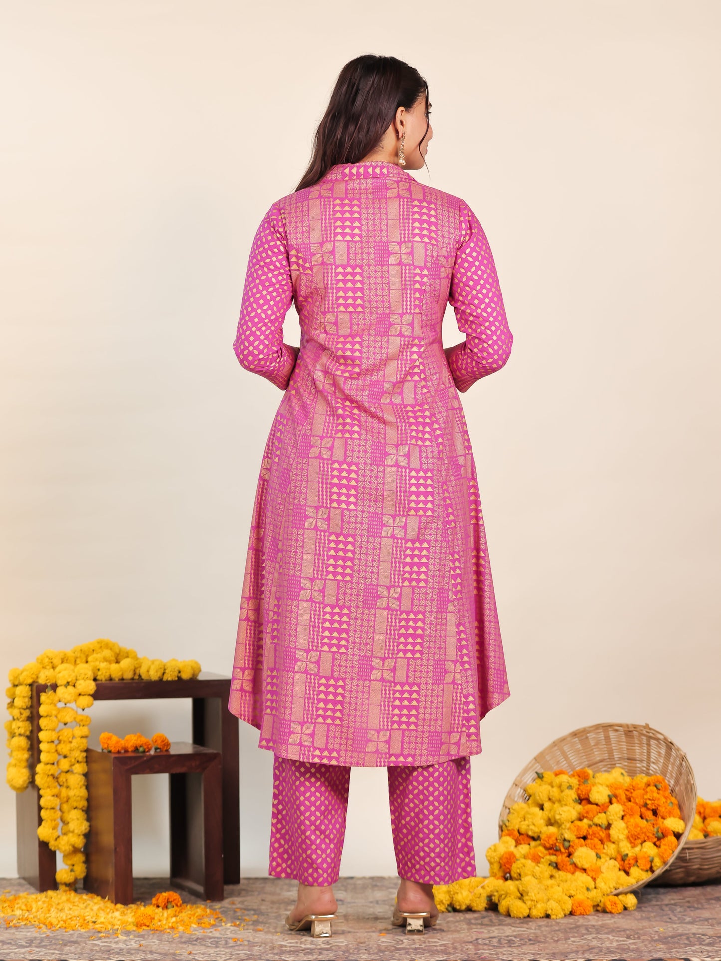 Viscose Gold foil High Low Pink Kurta