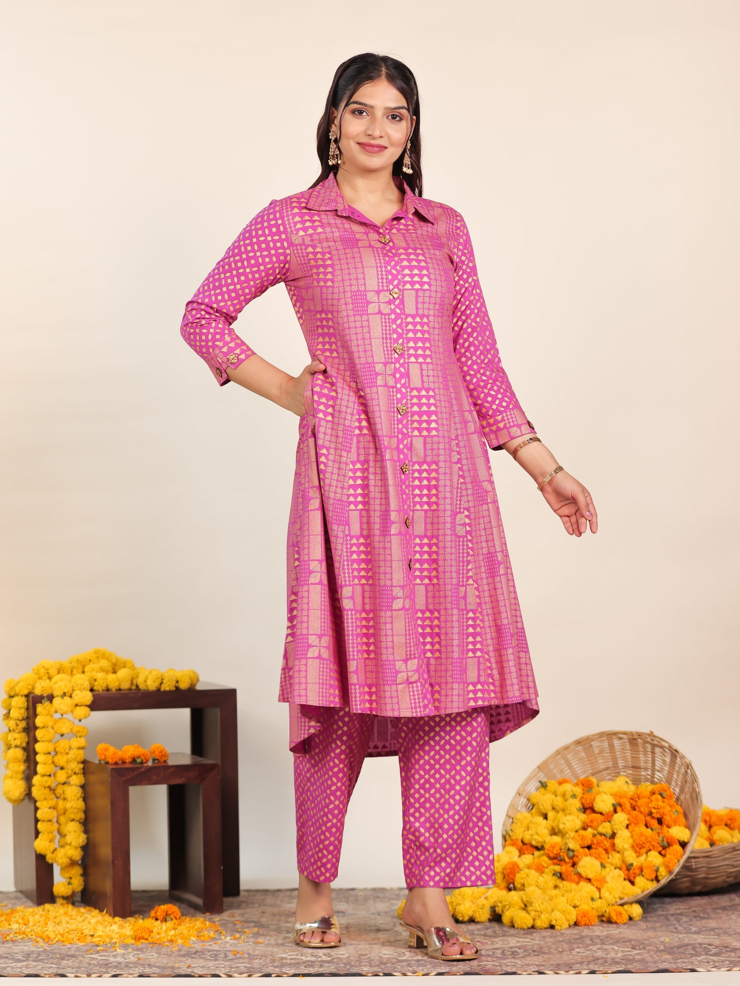 Viscose Gold foil High Low Pink Kurta