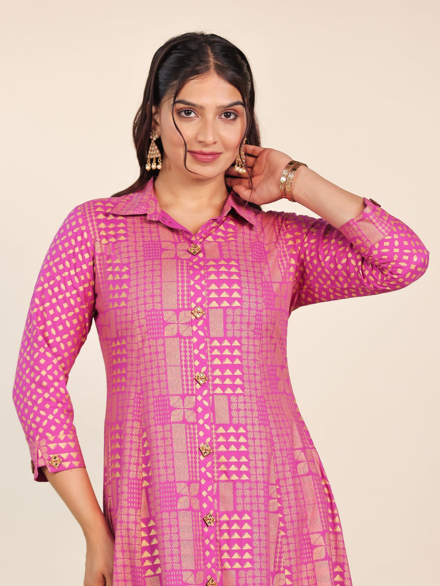 Viscose Gold foil High Low Pink Kurta