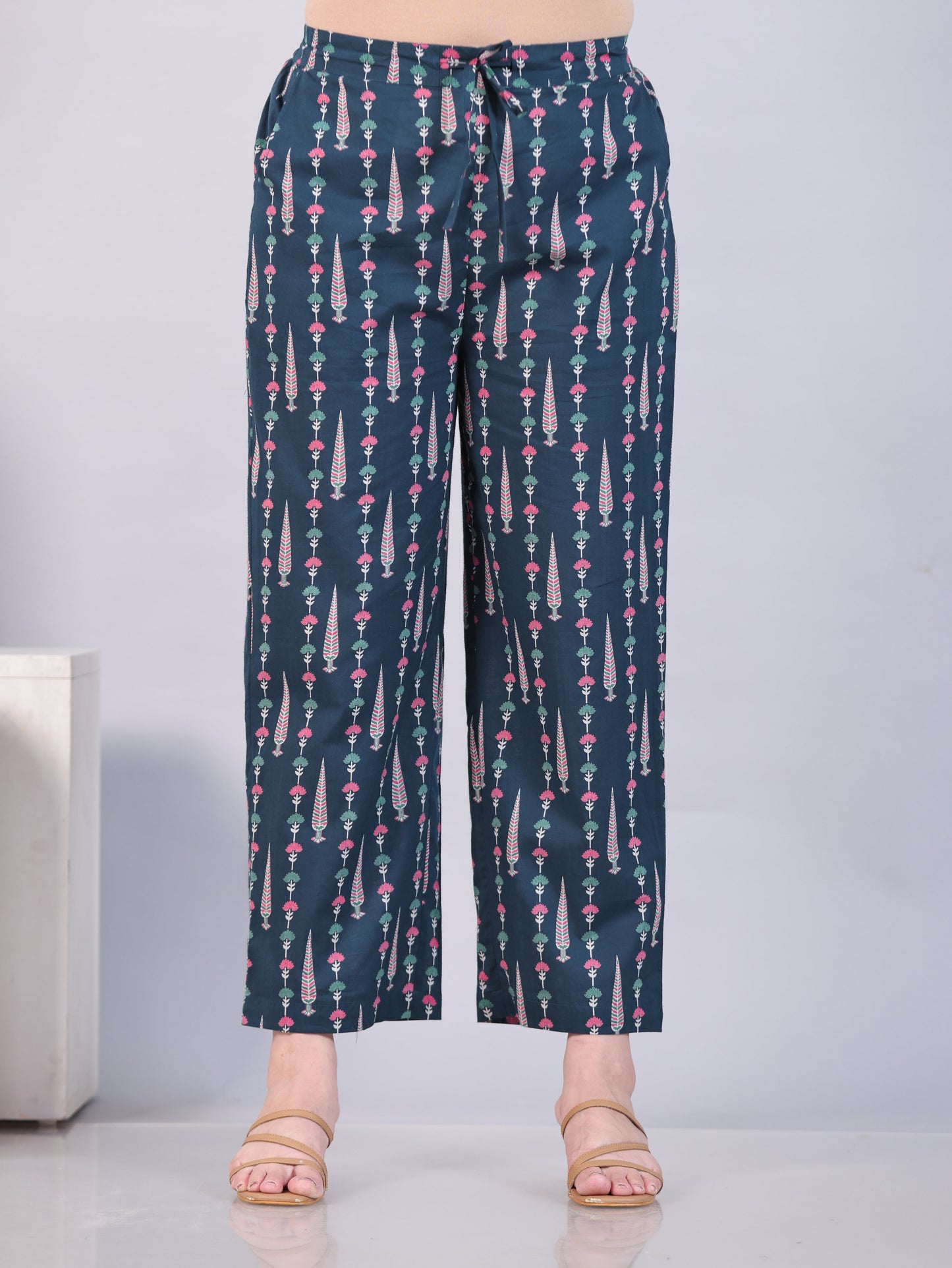 Soft Cotton Floral Teal Trousers Straight Trousers