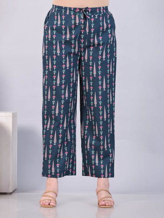 Soft Cotton Floral Teal Trousers Straight Trousers