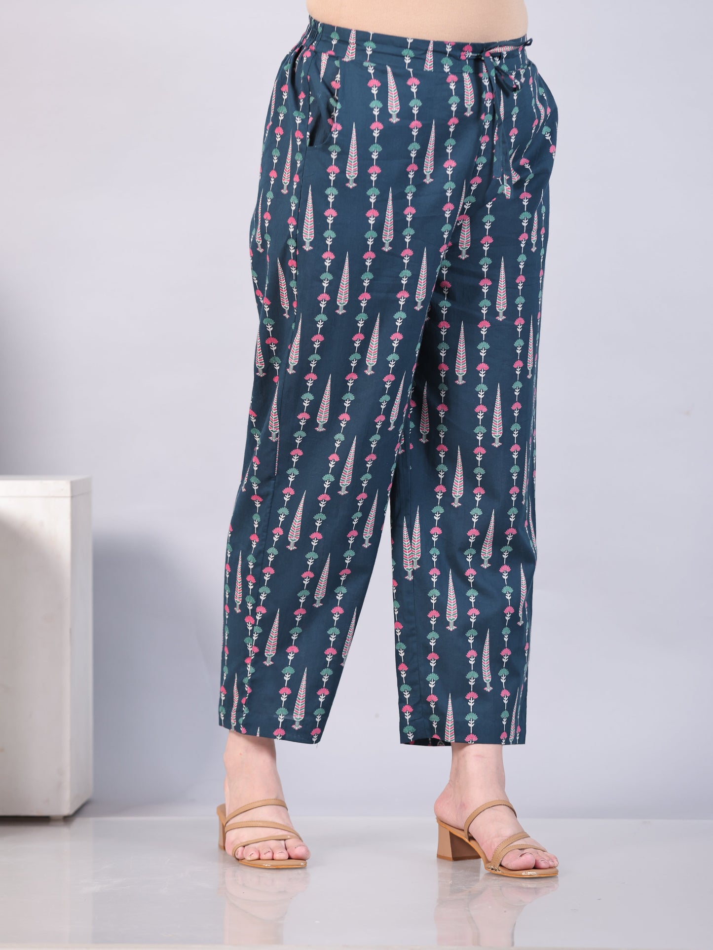 Soft Cotton Floral Teal Trousers Straight Trousers
