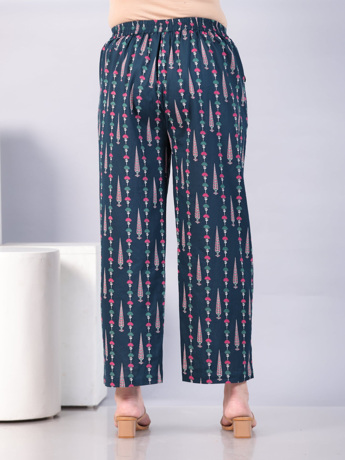 Soft Cotton Floral Teal Trousers Straight Trousers