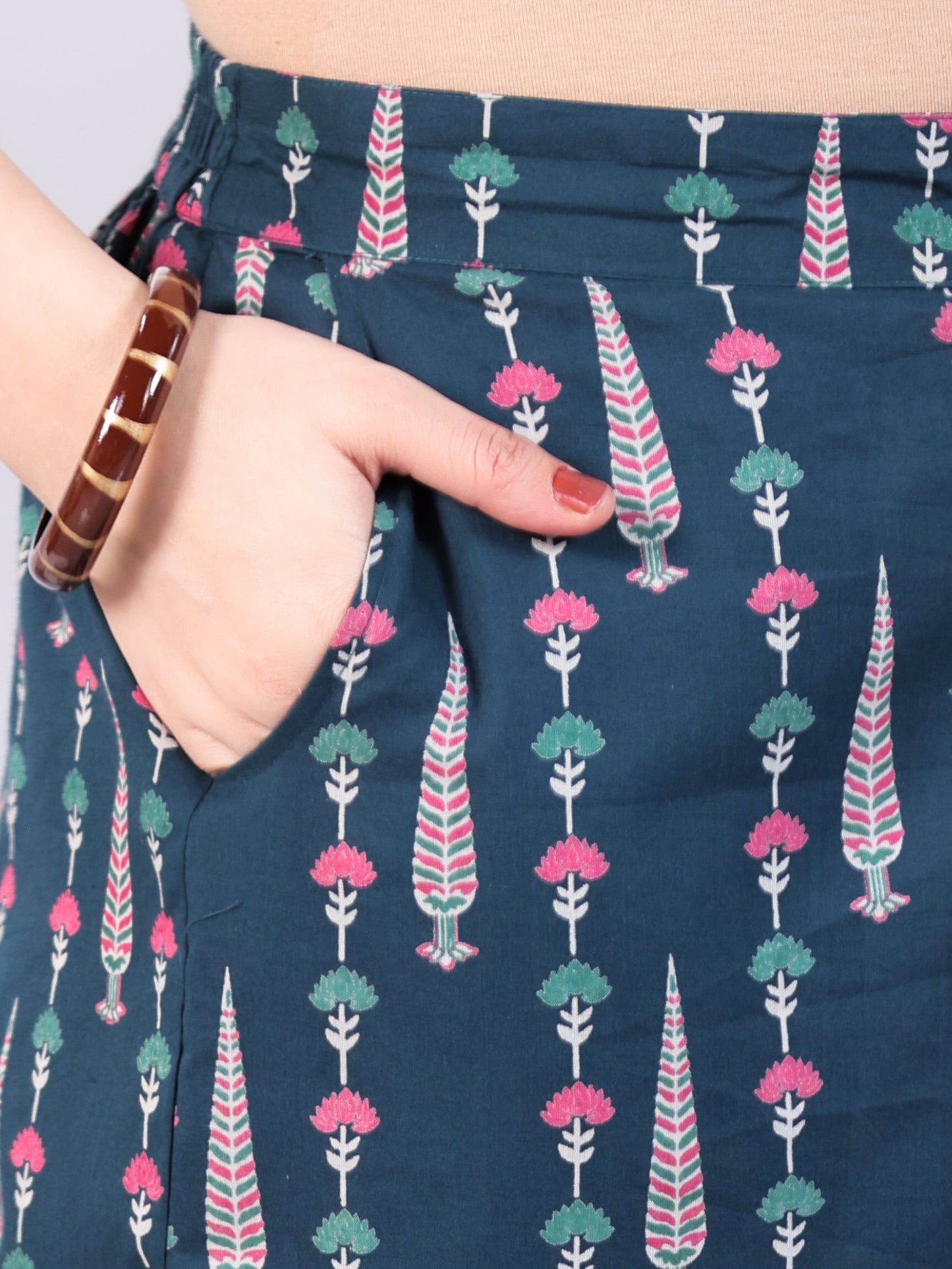 Soft Cotton Floral Teal Trousers Straight Trousers