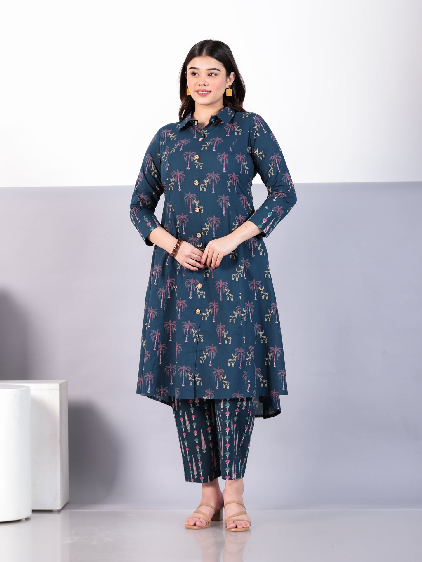 Soft Cotton Animal High Low Teal Kurta