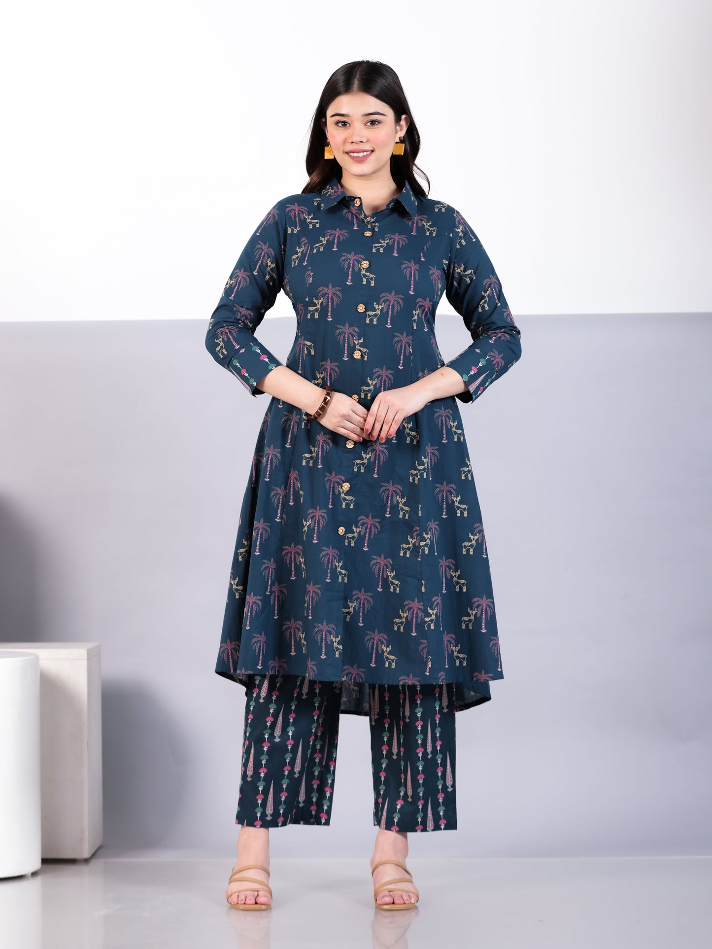 Soft Cotton Animal High Low Teal Kurta