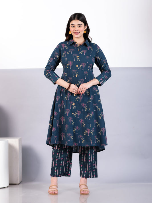Soft Cotton Animal High Low Teal Kurta