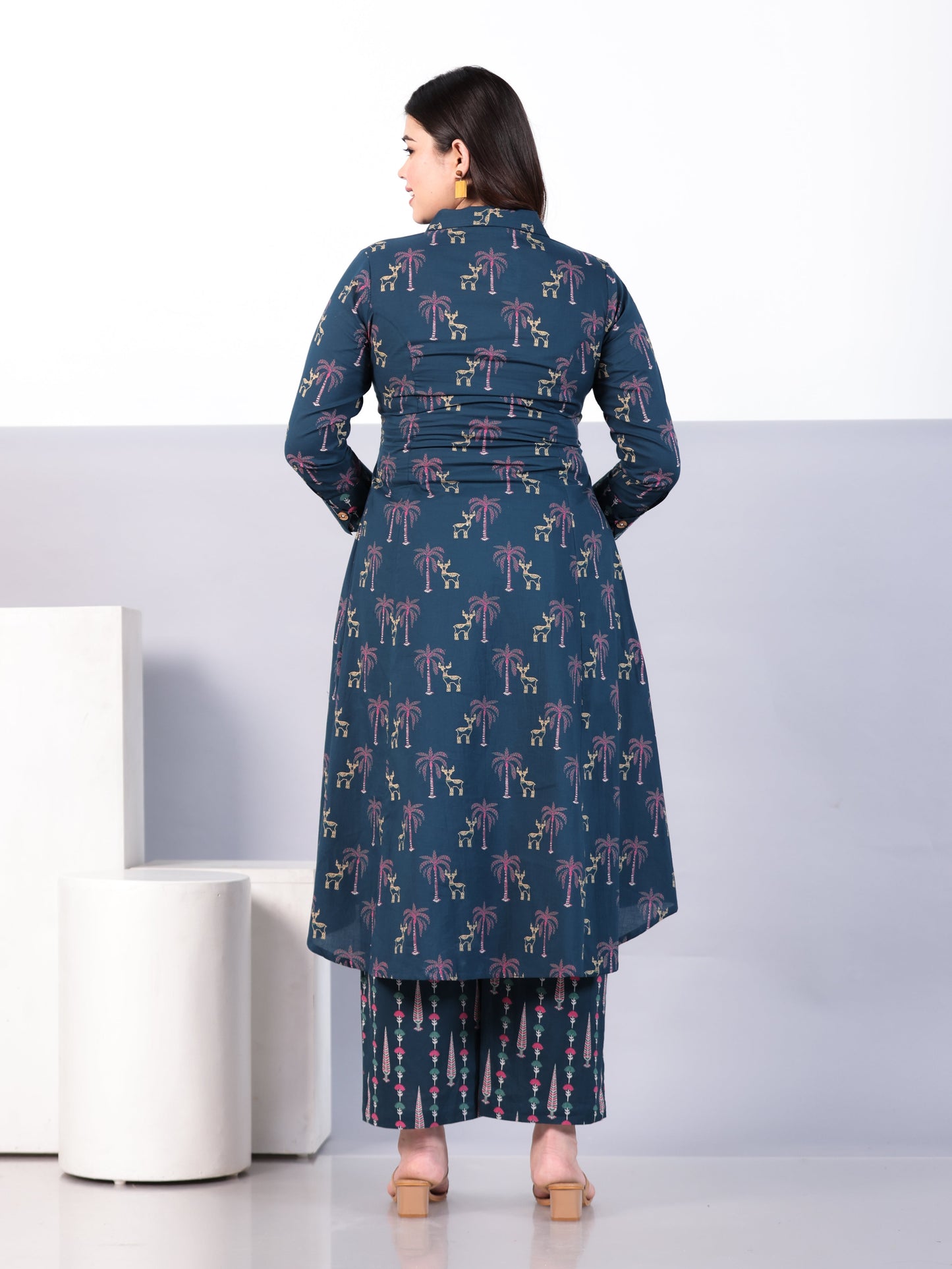 Soft Cotton Animal High Low Teal Kurta