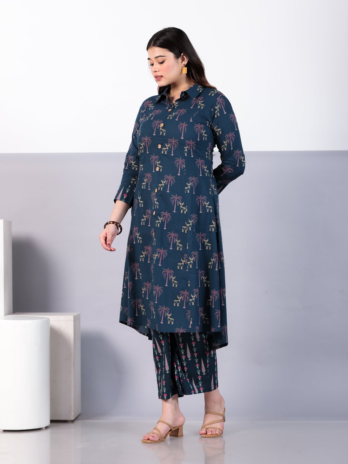 Soft Cotton Animal High Low Teal Kurta