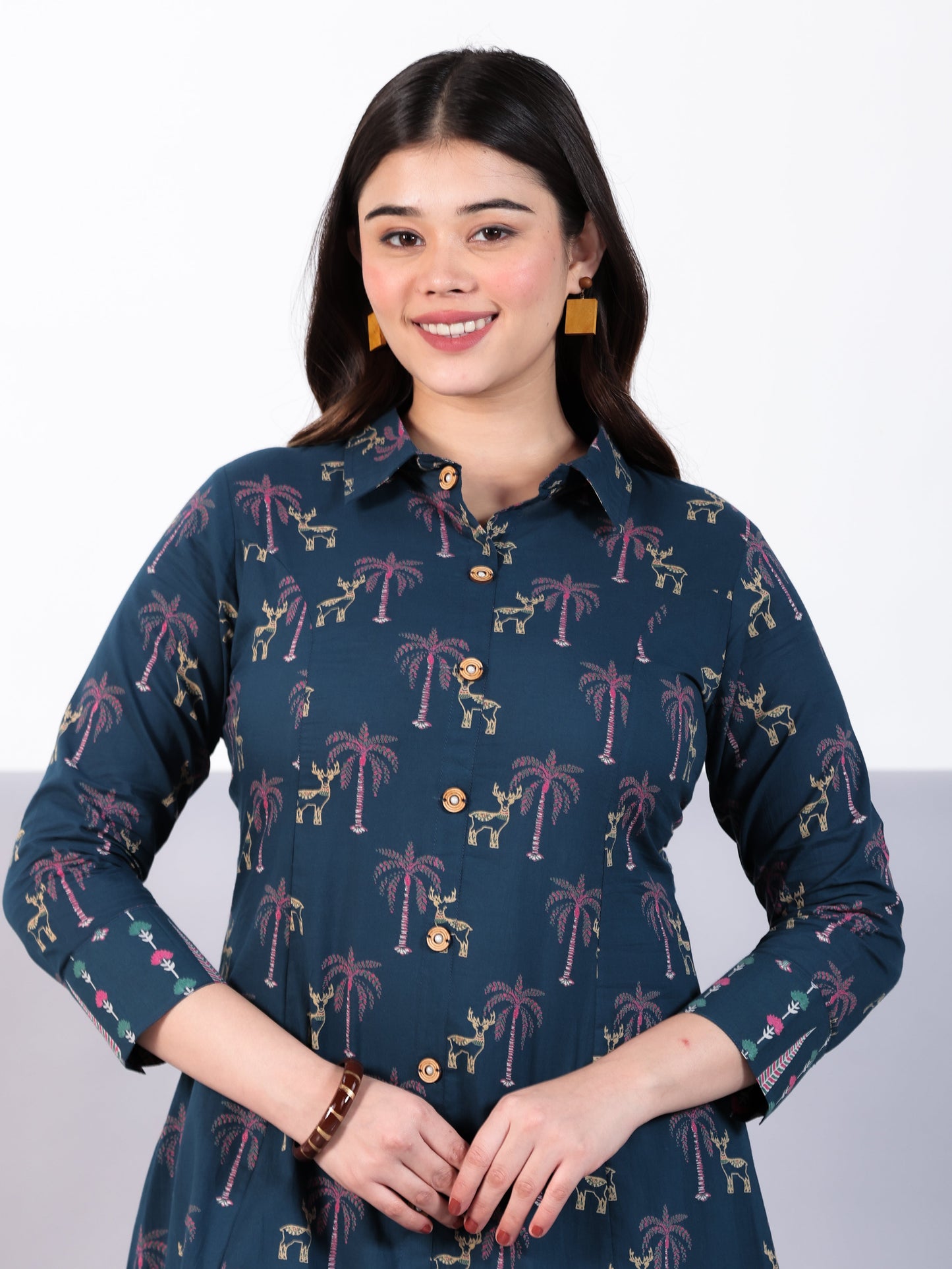 Soft Cotton Animal High Low Teal Kurta
