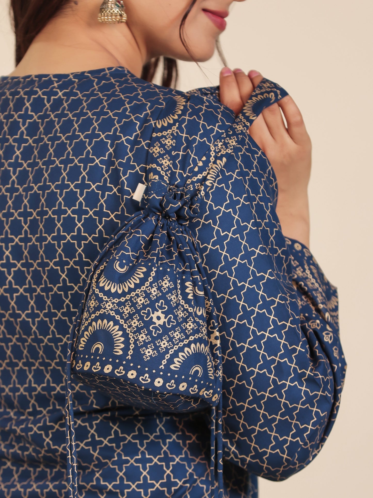 Viscose Gold foil Straight Blue Kurta (With Potli Bag)