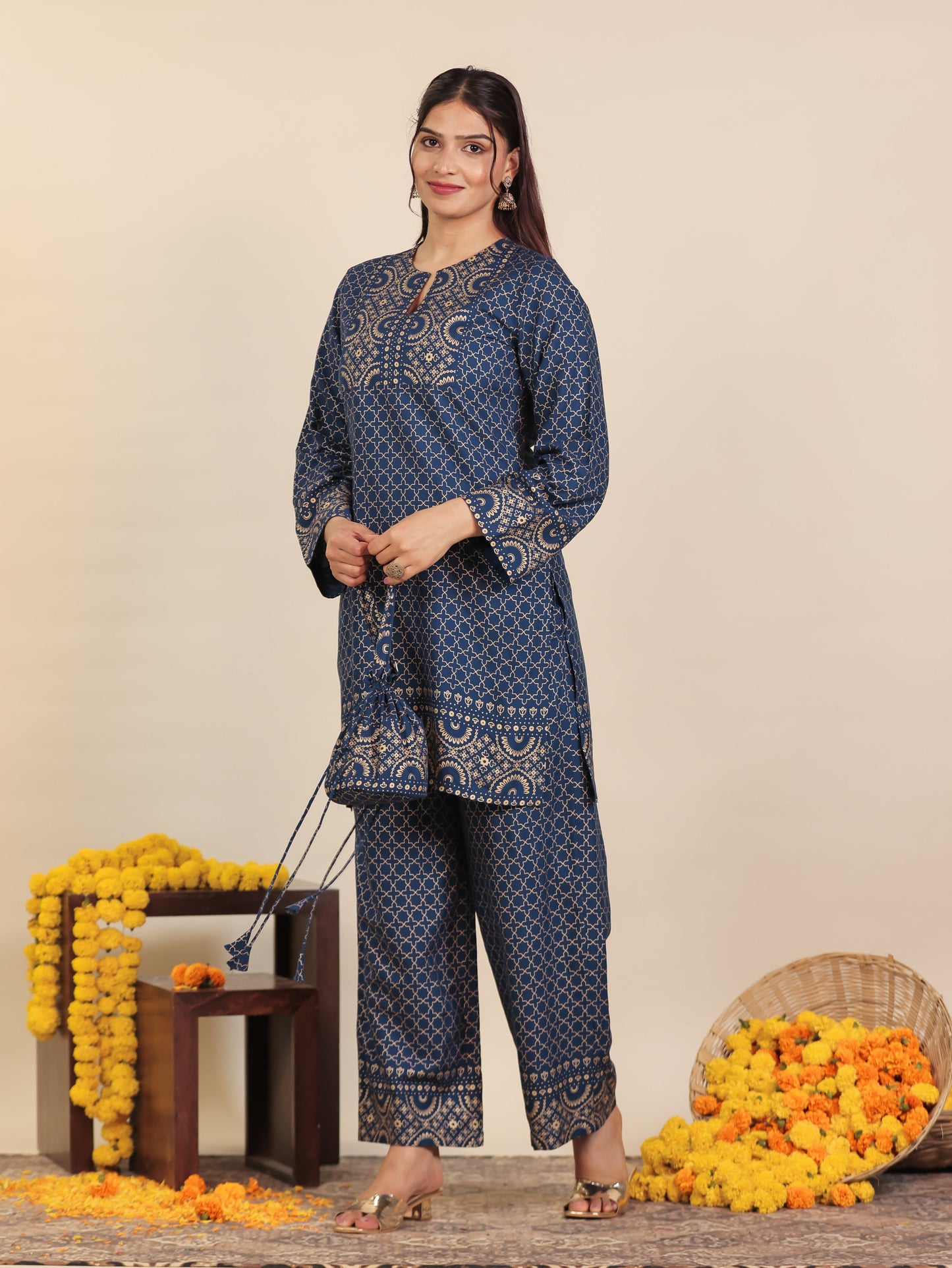 Viscose Gold foil Straight Blue Kurta (With Potli Bag)