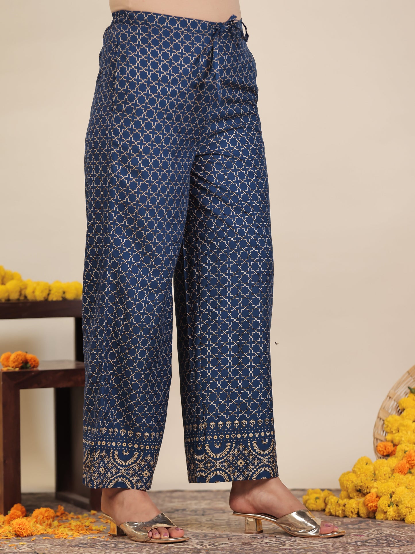 Viscose Gold foil Straight Blue Kurta (With Potli Bag)