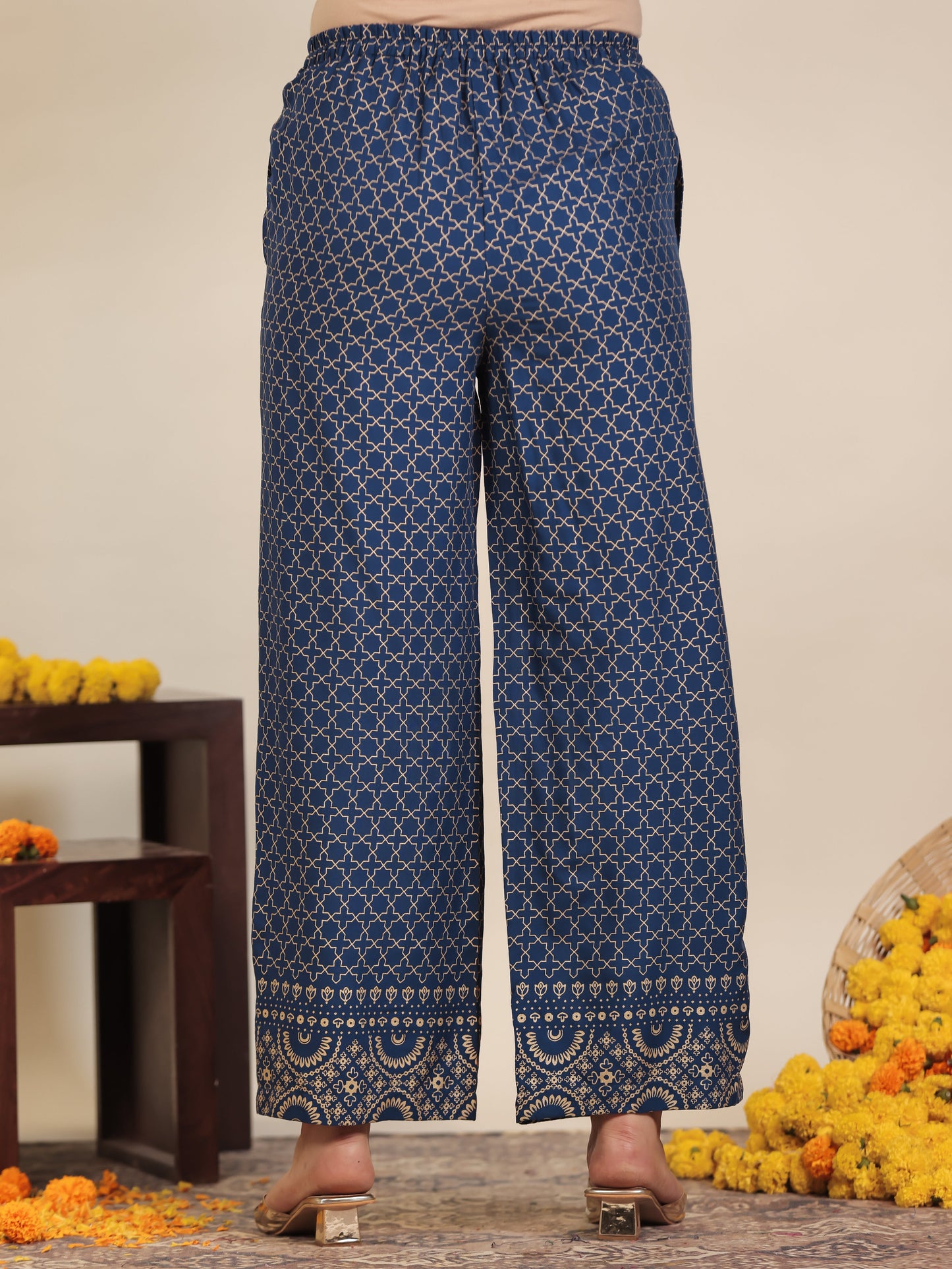 Viscose Gold foil Straight Blue Kurta (With Potli Bag)