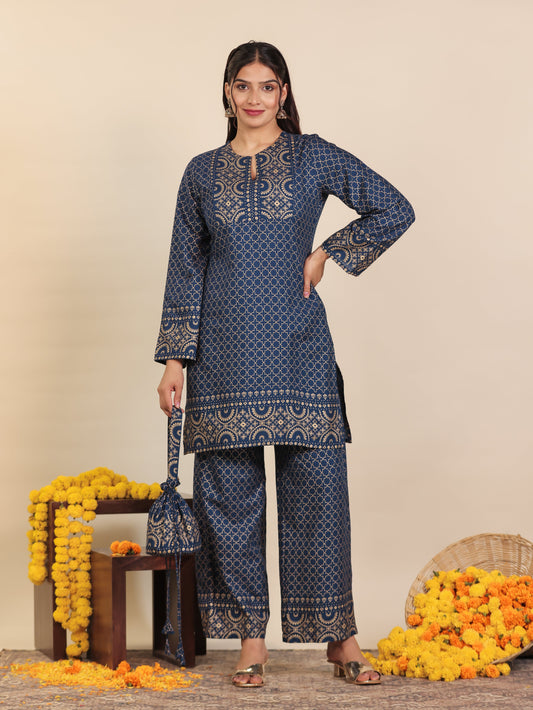 Viscose Gold foil Straight Blue Kurta (With Potli Bag)