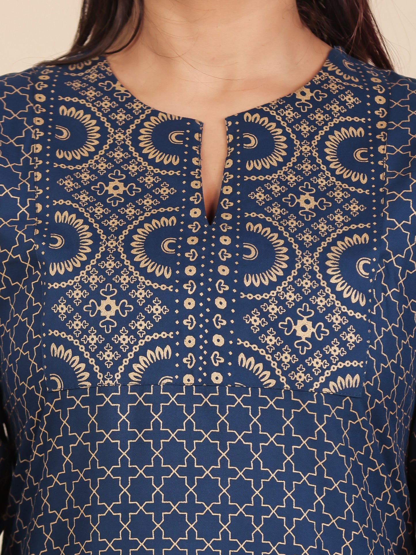 Viscose Gold foil Straight Blue Kurta (With Potli Bag)