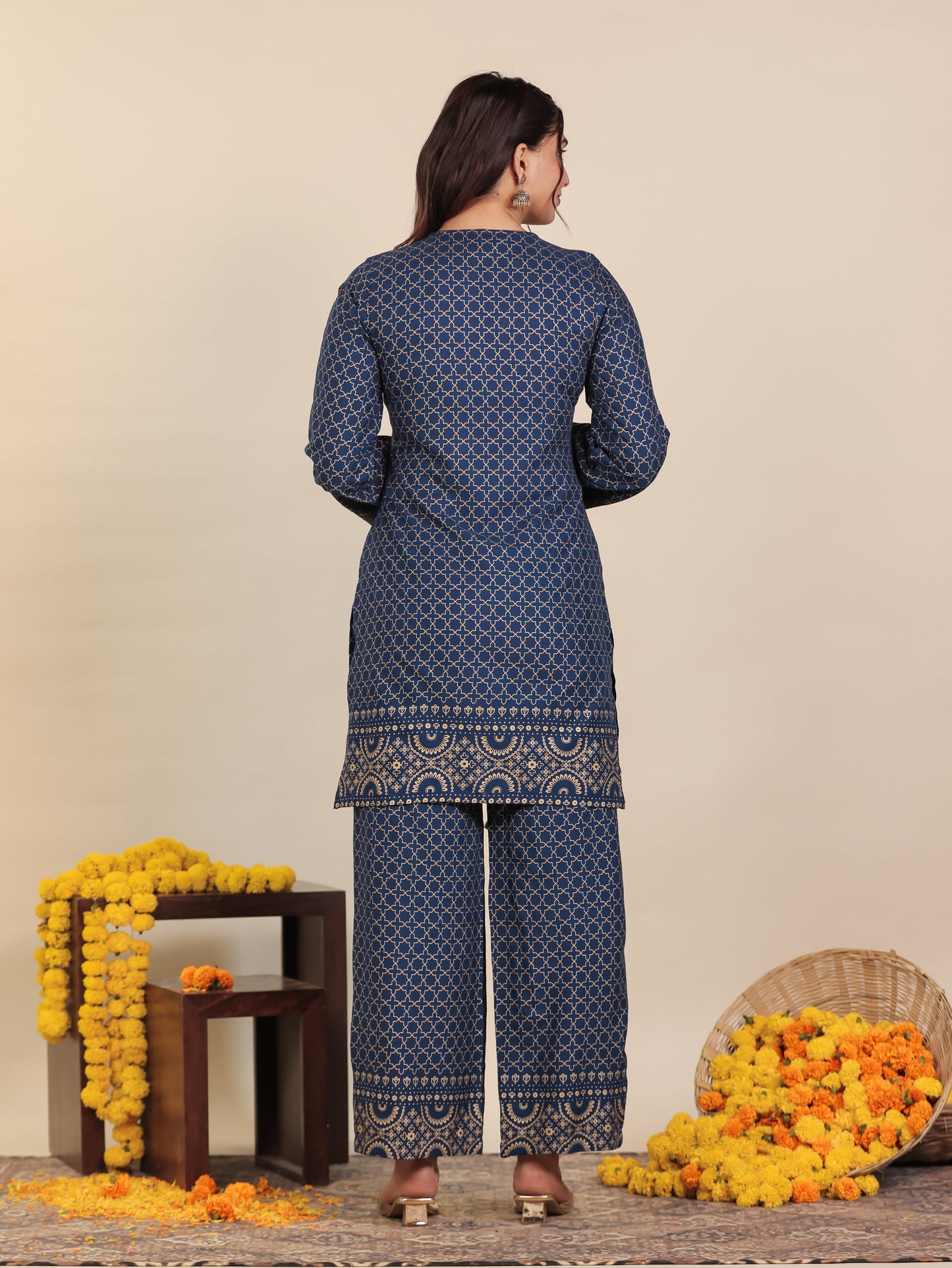 Viscose Gold foil Straight Blue Kurta (With Potli Bag)