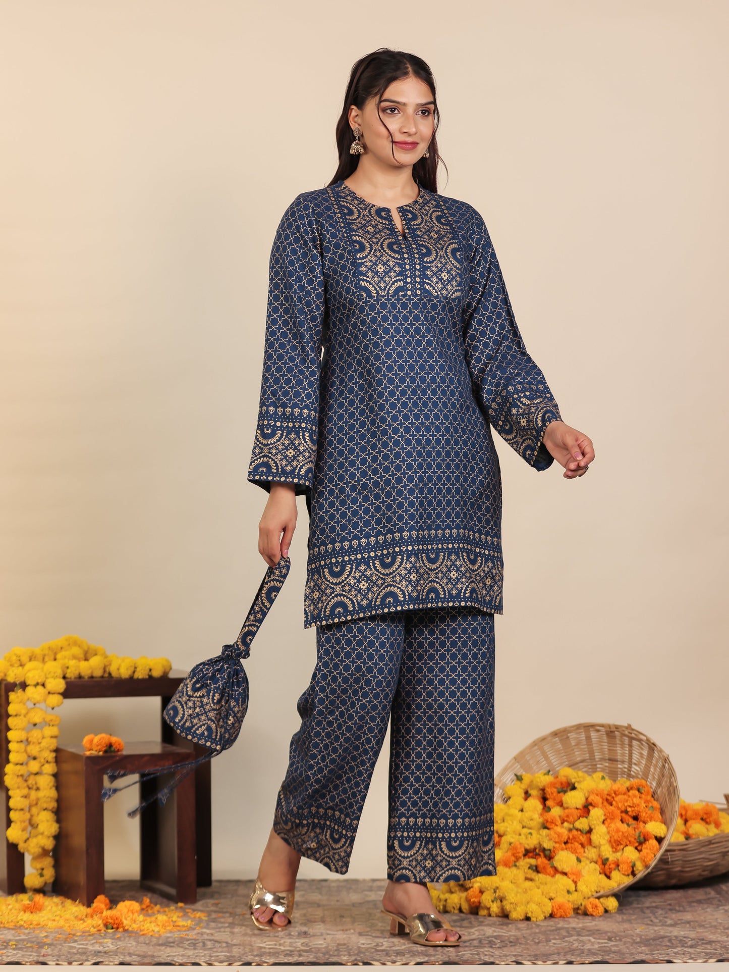 Viscose Gold foil Straight Blue Kurta (With Potli Bag)