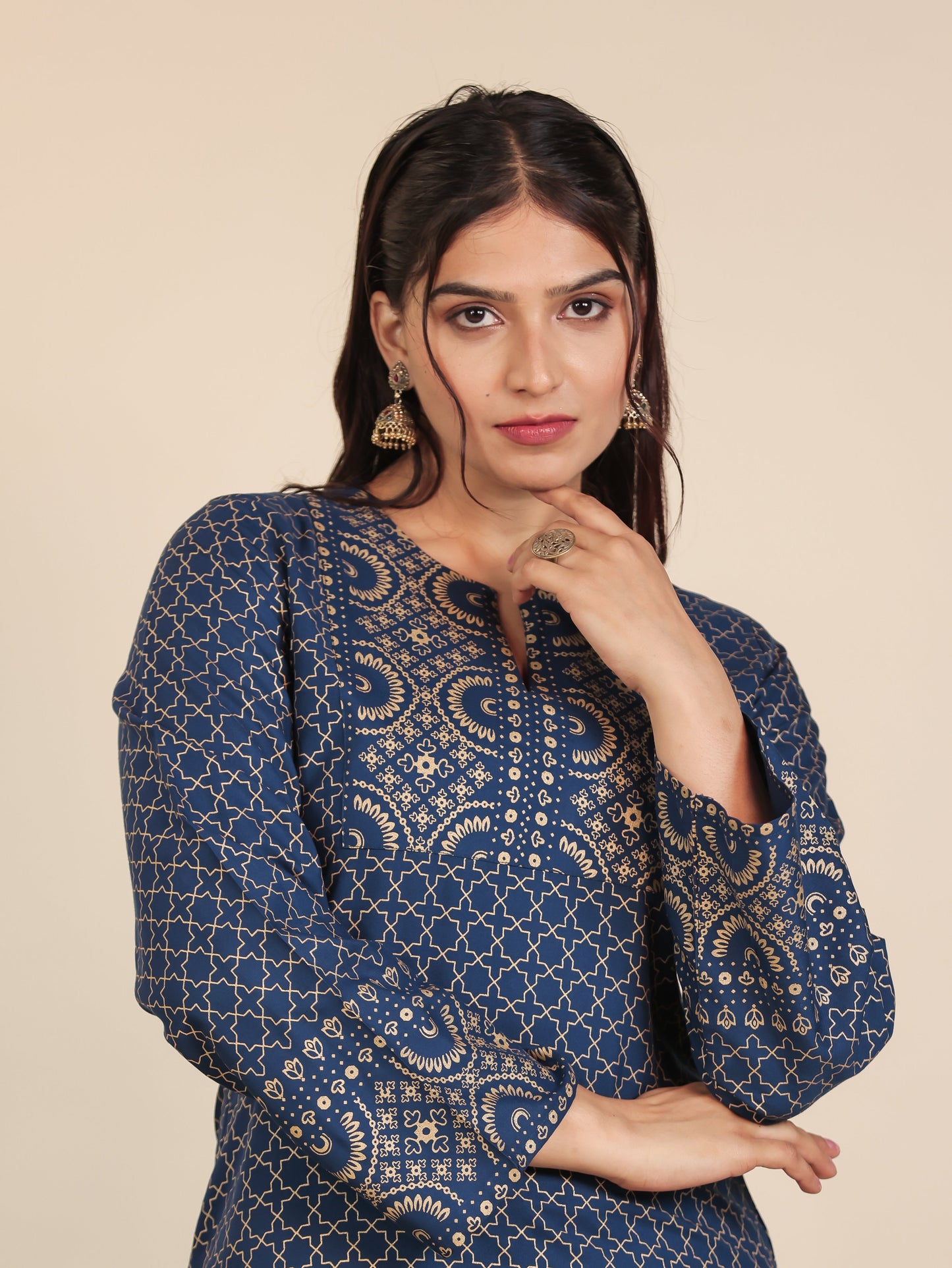 Viscose Gold foil Straight Blue Kurta (With Potli Bag)
