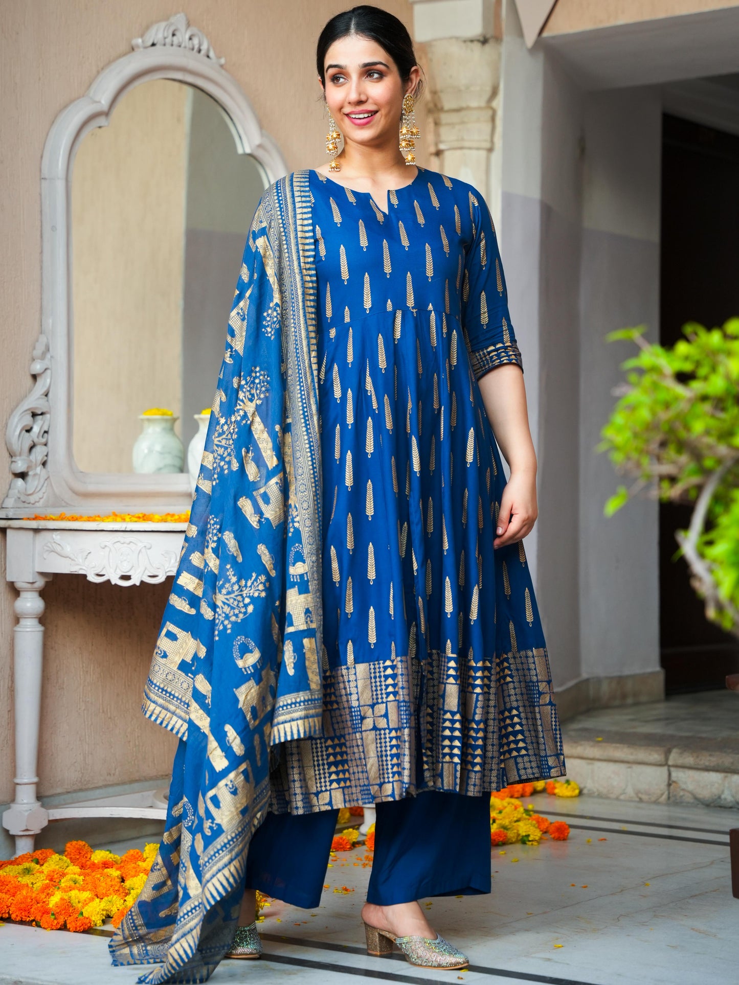 Cotton Voile Gold foil Blue Dupatta